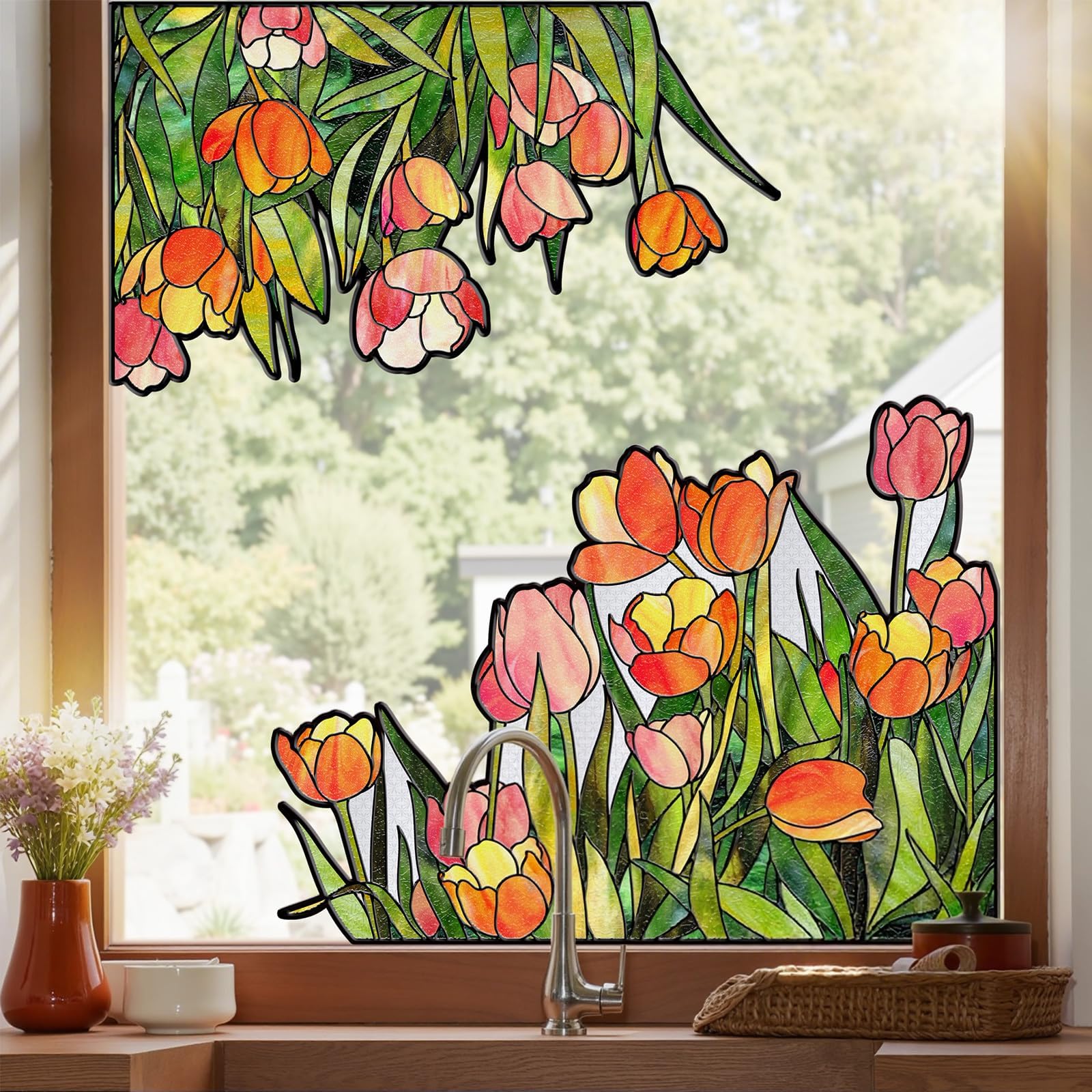 Window Stickers, ‌Stained Glass Window Privacy Film, UV Blocking Static Cling for Home Kitchen Office Bathroom, Tulip, 17.7" X 31.5"