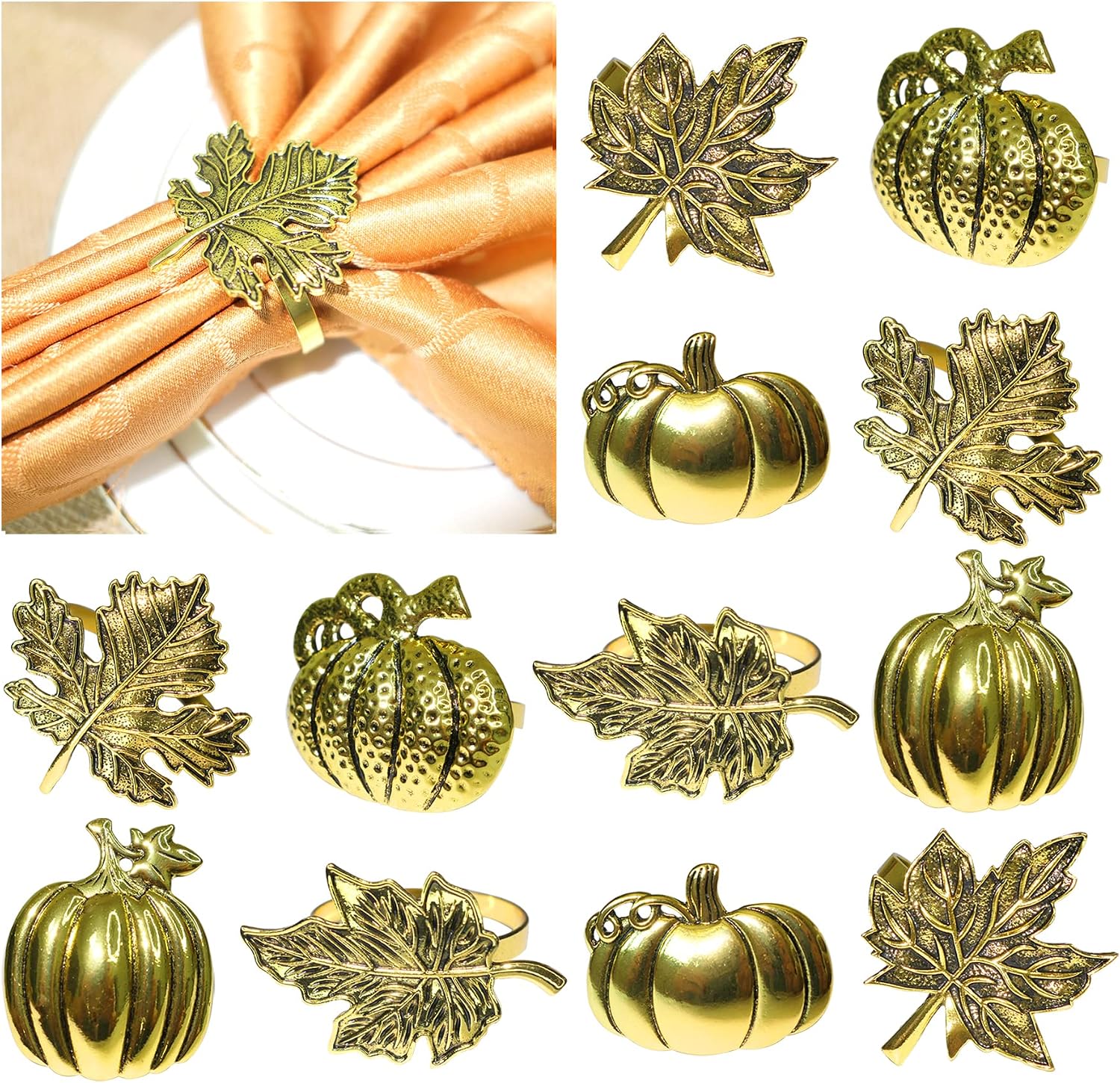 HADDIY Fall Napkin Ring,Thanksgiving Napkin Rings Set of 12 Vintage Gold Metal Leaf and Pumpkin Napkin Holder for Autumn Thanksgiving Dinner Table Settings Decoration