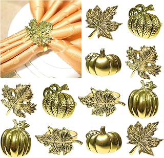 Thanksgiving Napkin Rings,Fall Napkin Ring Set of 12 Vintage Gold Metal Leaf and Pumpkin Napkin Holder for Autumn Thanksgiving Dinner Table Settings Decoration