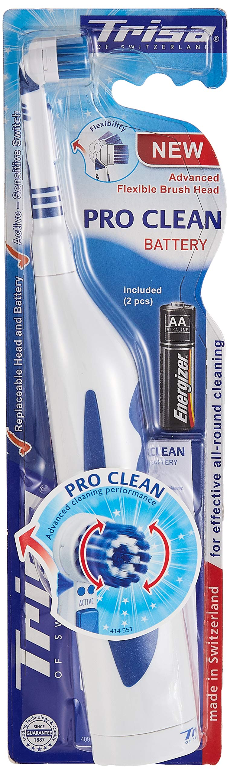 TrisaPro Clean Battery Advanced Flexible brush Head, Soft bristles, For Effective All Around cleaning, Batteru Powered, 1 pc.
