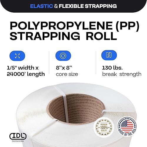 Miniatura 32 de IDL Packaging Bobina de flejado de polipropileno (PP) de 1/2" x 200' (resistencia a la rotura de 300 libras) en caja autodispensada de tablero