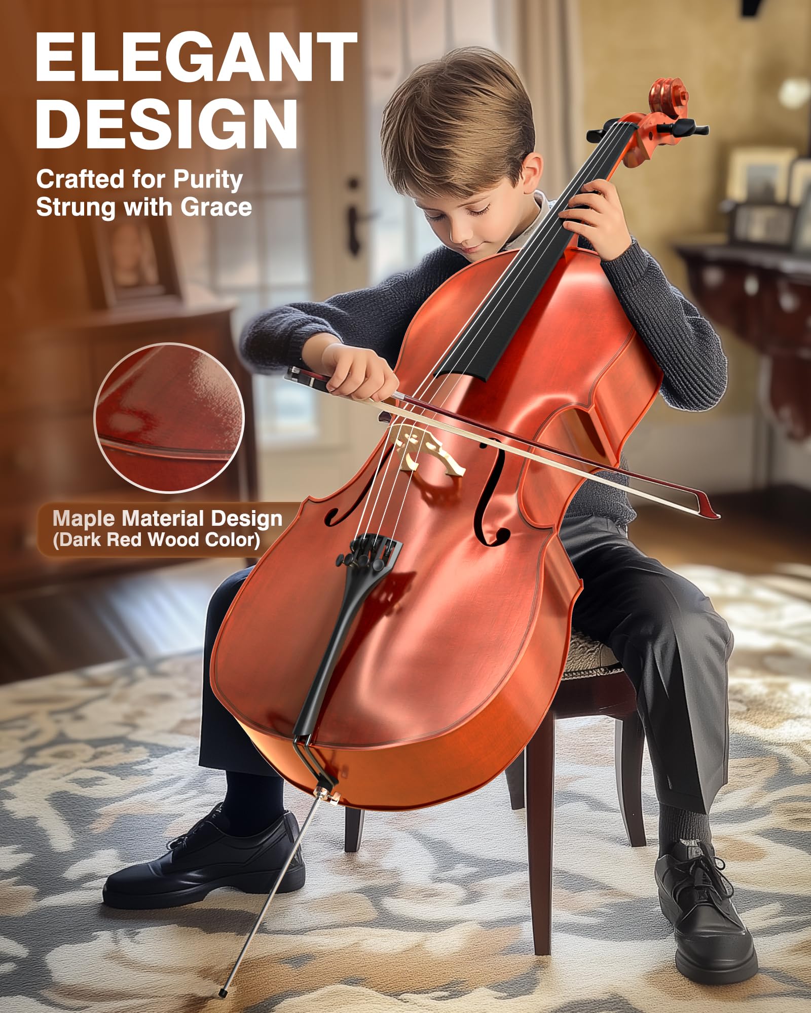 PYY Cello 4/4 Full Size - Solid Wood Acoustic Cello Package with Free Stand, Bag, Strings, Tuner, Rosin and Bow, Cello 4/4 Strings Set for Students & Adult Beginner Instruments - Image 3