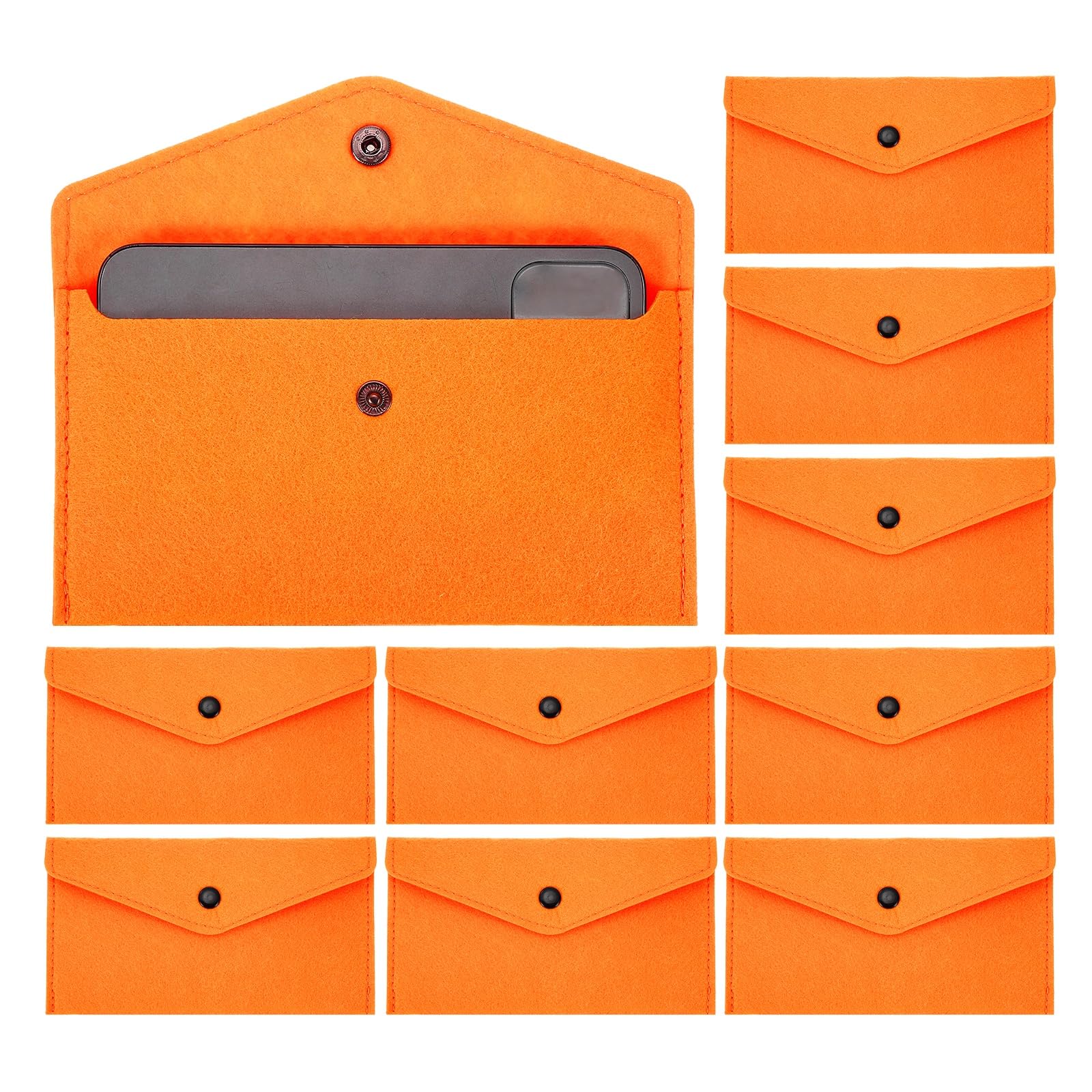 PATIKIL 10Pcs Felt Money Bag, Felt Cellphone Sleeve Case Pouch Cash Bag Button Closure Cash Envelope Wallet Storage Pouch for Card Pen Sunglasses, Orange