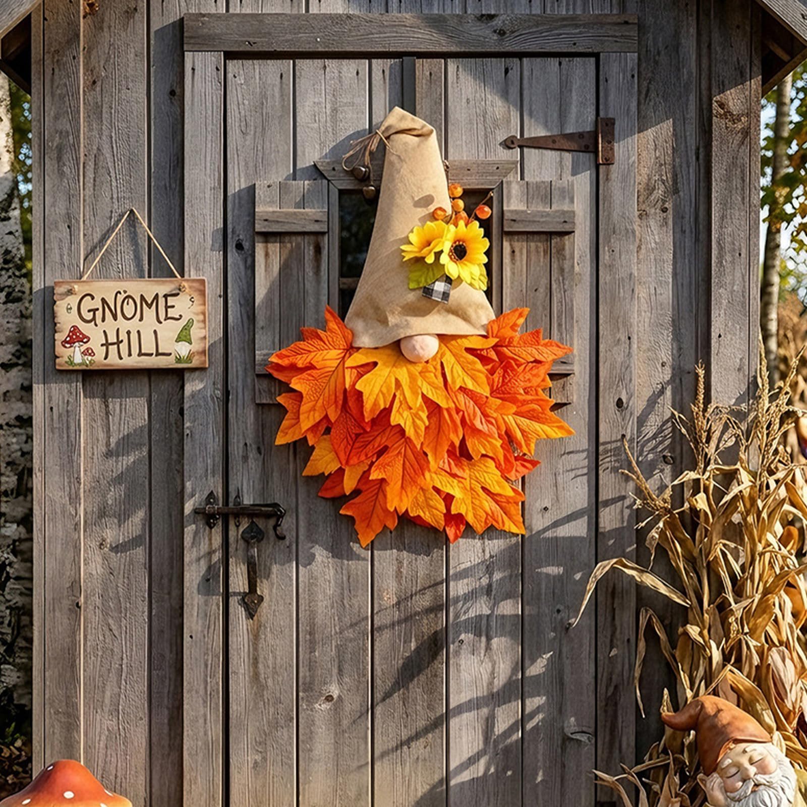 Fall Gnomes Maples Leaf Wreath, 19 Inch Autumn Maple Leaf Wreath with Gnome