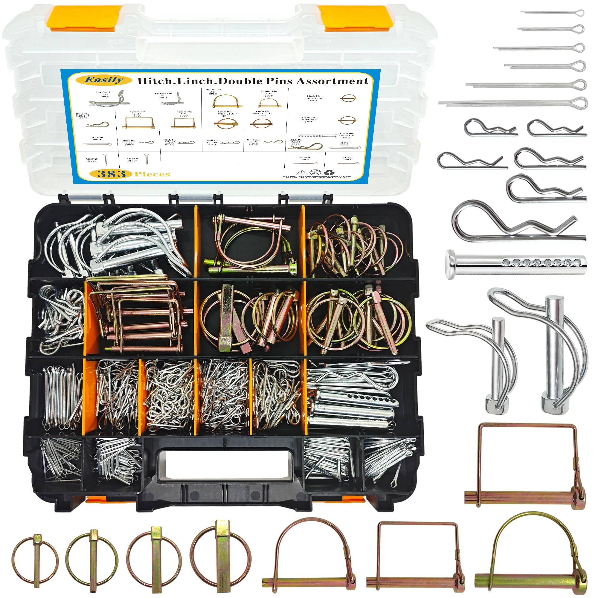 383 PCS Heavy Duty Pin Assortment Kit, Hitch Pins R Clip PIns/Hair Pins/Lynch Pins /PTO Pins/Clevis Pins/Cotter Pins for Trucks Trailers Tractors