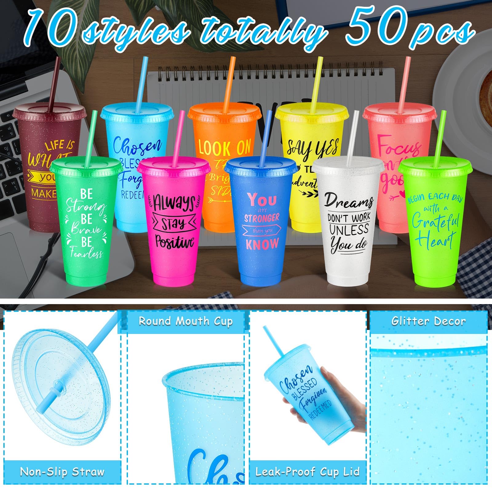 Uiifan Lot de 50 gobelets en plastique réutilisables avec couvercle et paille – Pour bureau, école, salle de classe – 700 ml – Cadeaux inspirants – Cadeau de Noël (couleurs vives)