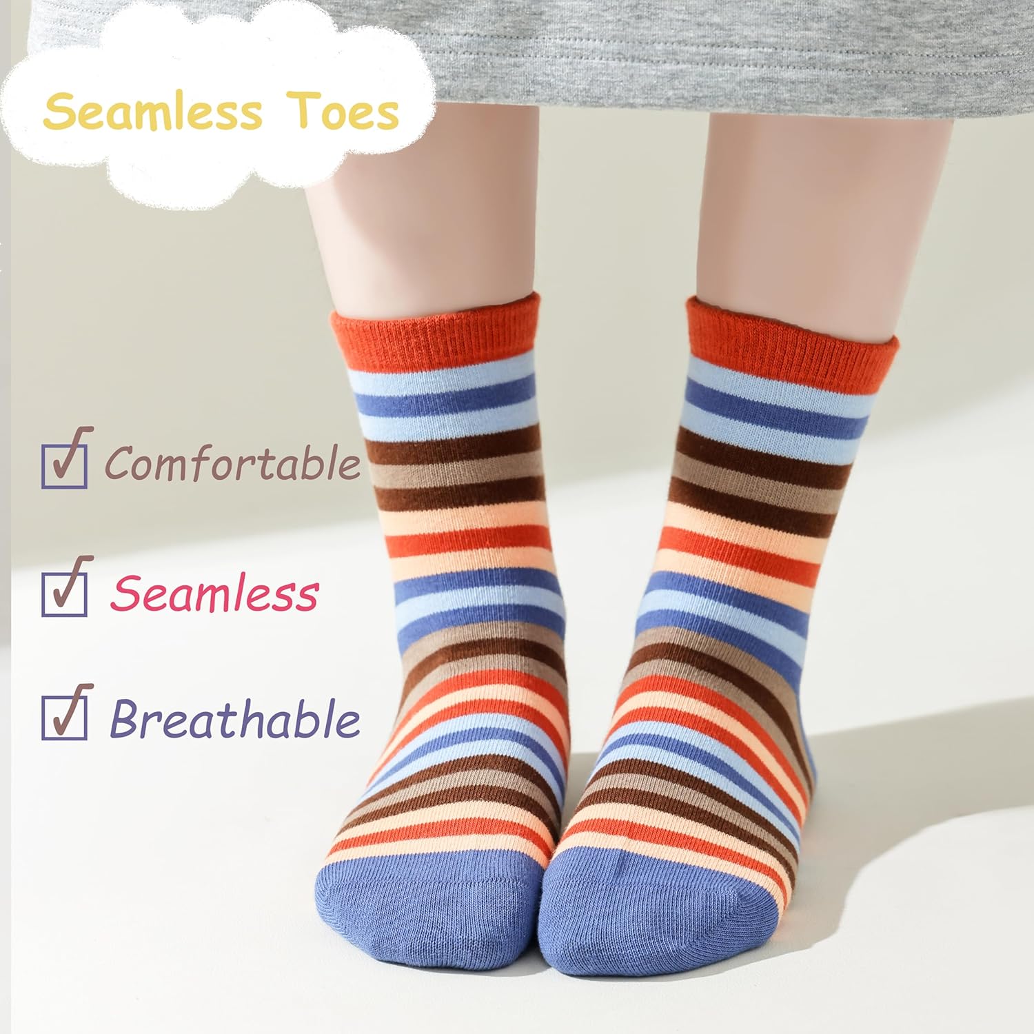 Marchare Girls Cotton Crew Socks Kids Casual Socks School Socks Rainbow Stripes 5 Pack - Image 2