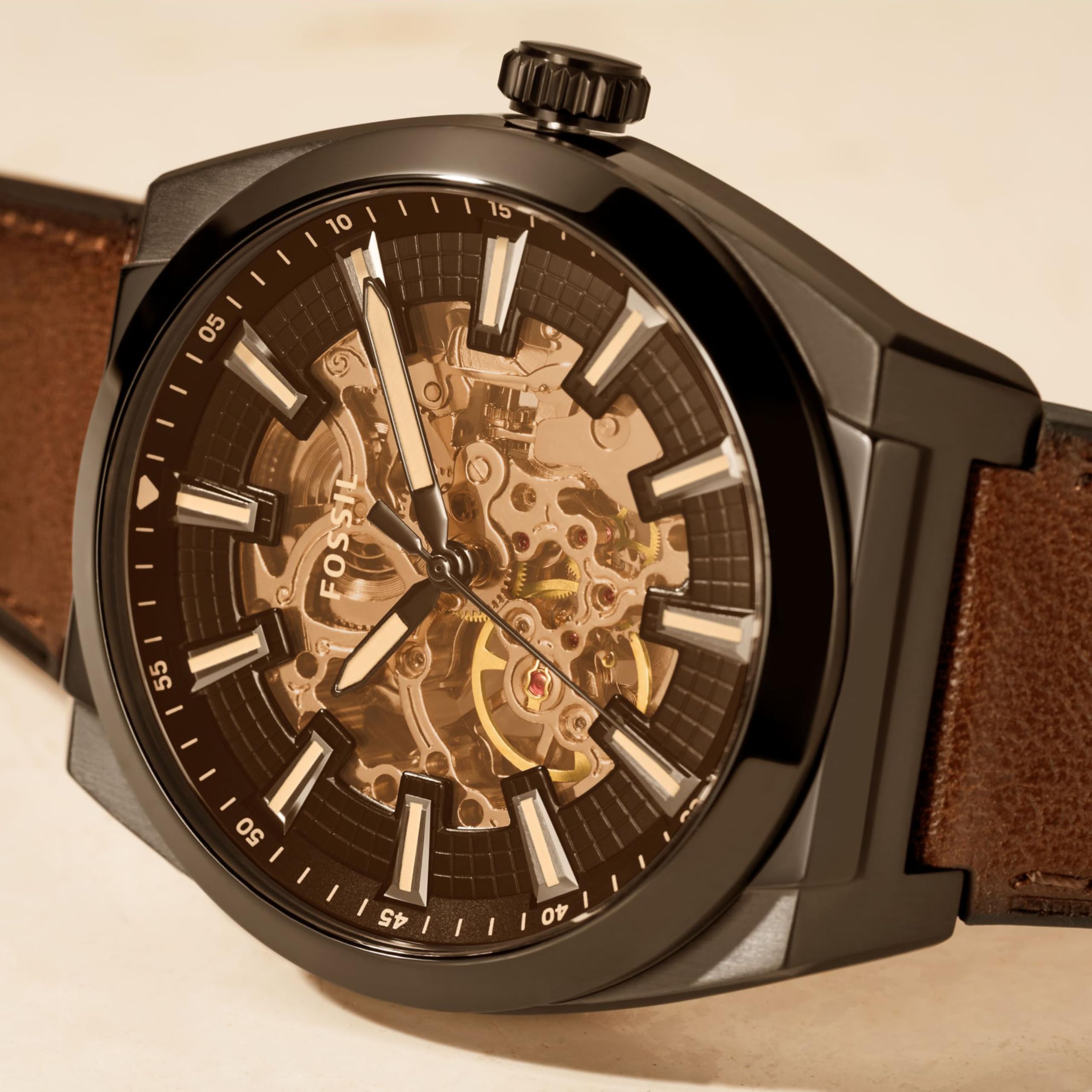 Fossil Reloj Everett para Hombre, Movimiento automático de Tres Agujas con Correa de Acero o Piel