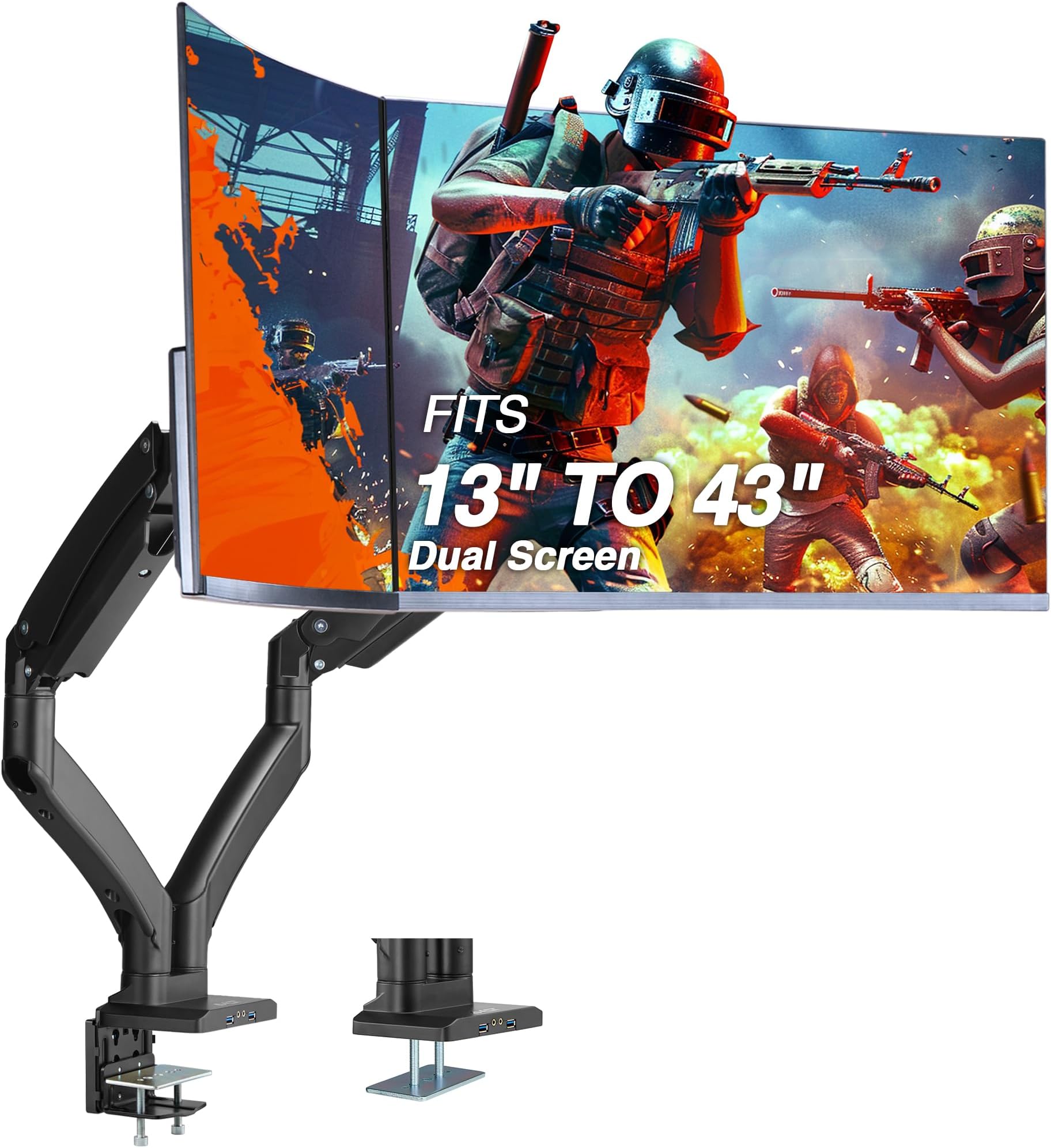 Dual Monitor Arm Desk Mount for 13"โ43" Flat/Curved Screens with USB-A Pass-Through, Full Motion Height Adjustable Swivel Tilt Rotation VESA/C-Clamp/Grommet/Cable Management, Black