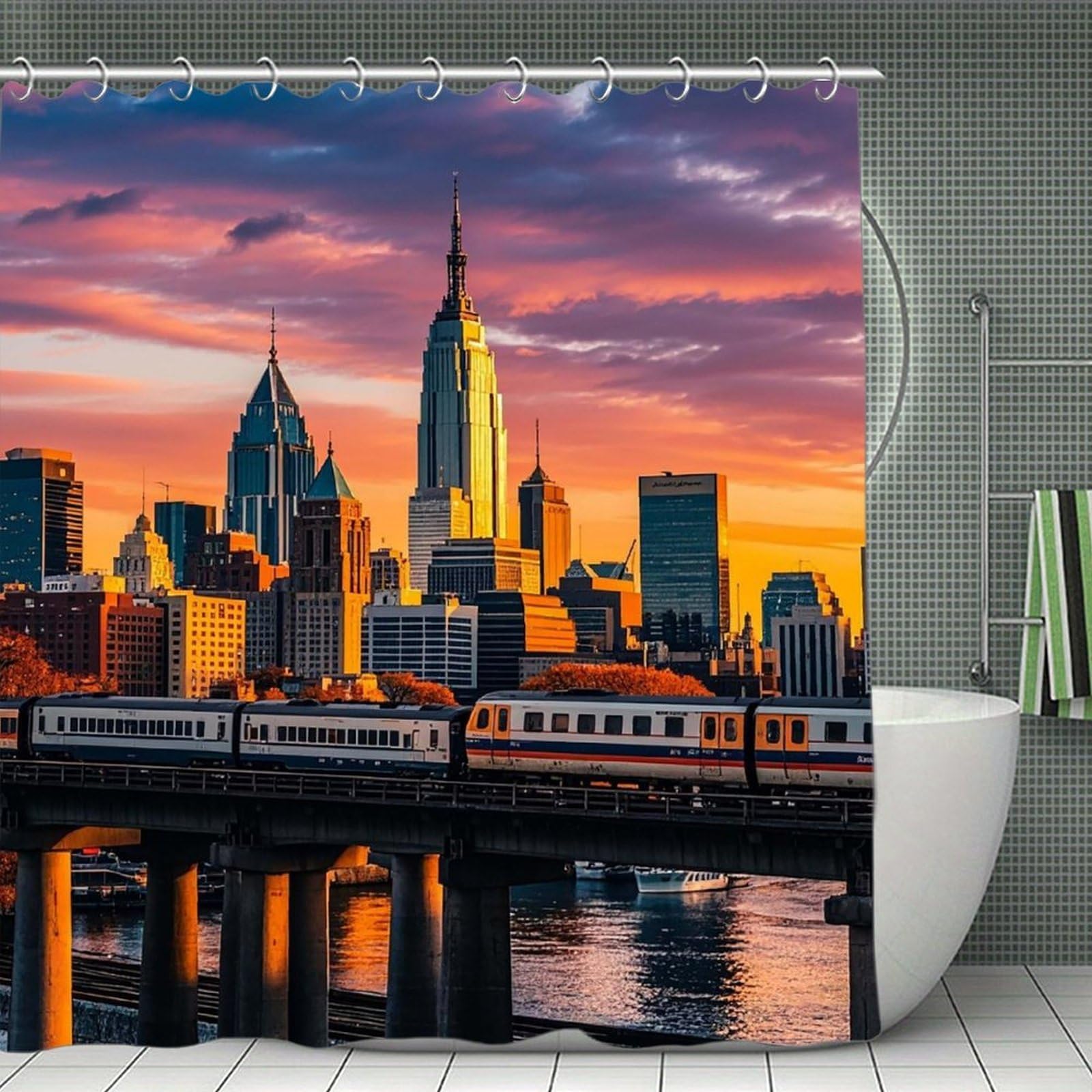 QMNLKH Sunset Bridge Skyscraper Shower Curtain with Hooks, Waterproof Bath Curtains for Bathroom, Lightweight Bath Curtains Liner for Hotel, Personalized Bath Curtain for Spa, 70.8 Inch