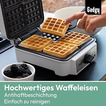 Gadgy Double Waffle Iron 1200 W for 4 Belgian Waffles White Four golden brown pieces in under 5 minutes - non-stick coating cool touch handle and vertical storage
