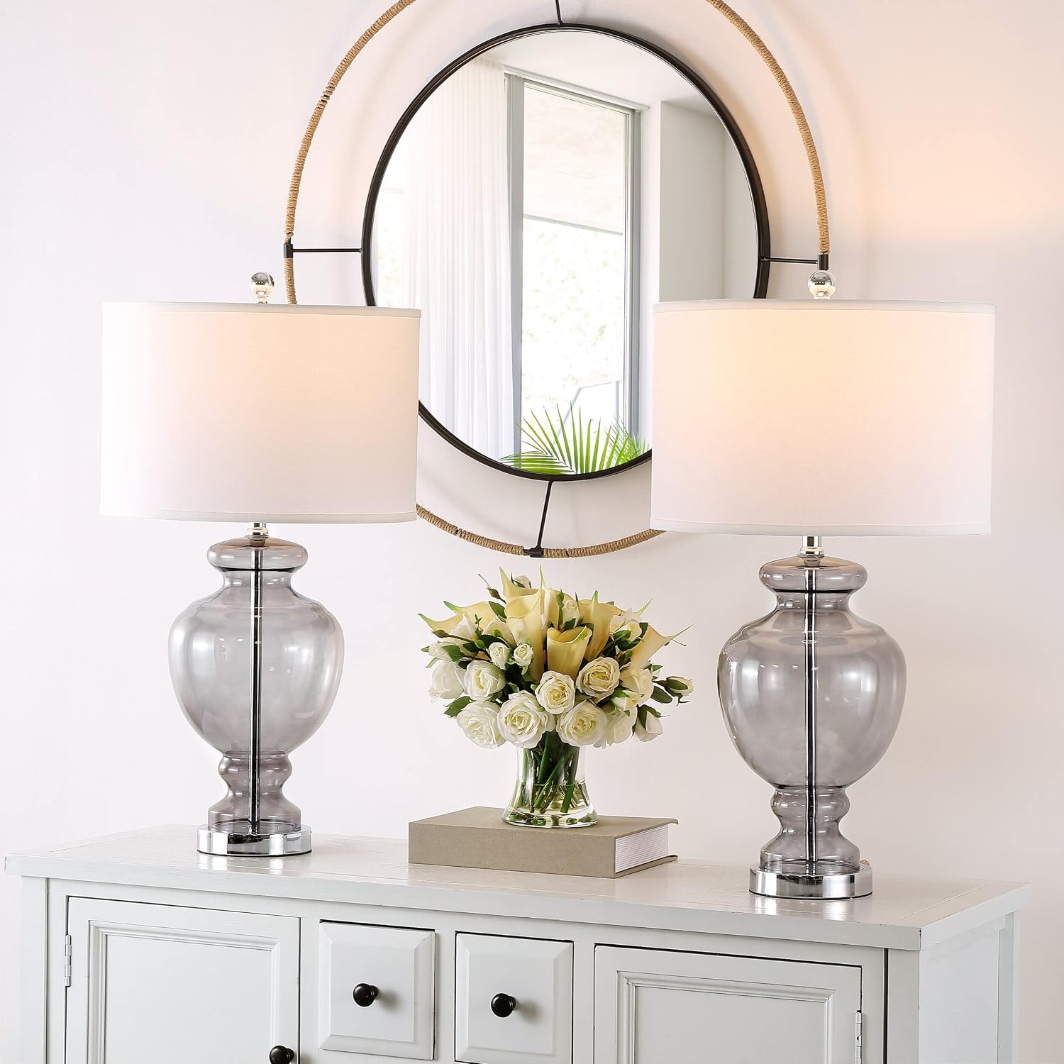 Safavieh Lighting Collection Grey Glass Grey and Off-White Table Lamp, Set of 2
