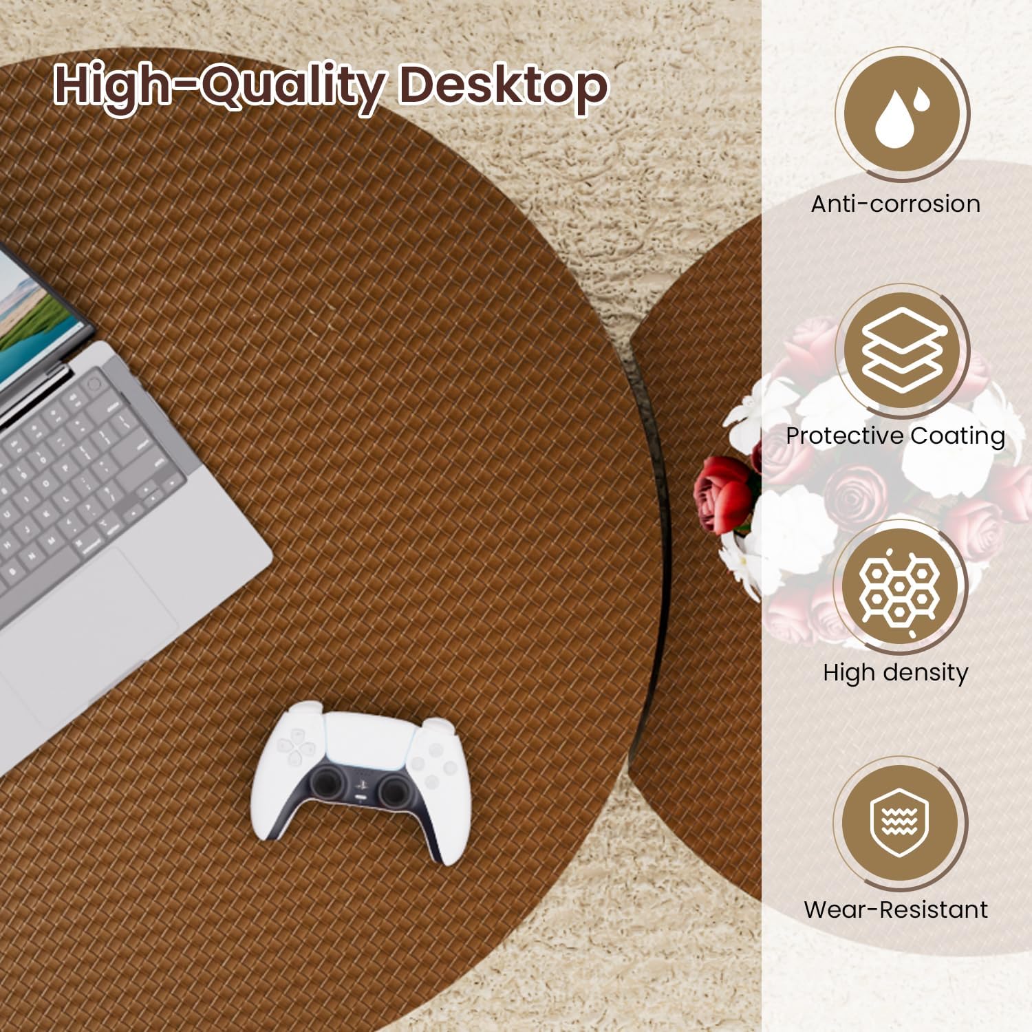 WXFKLDJ Nesting Coffee Tables Set of 2 Leather Finish Round Coffee Tables with Storage Wood Frame Drum End Side Table for Small Space Living Room Bedroom No Assembly Needed (Brown with Storage)