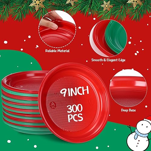 Miniatura 9 de 300 platos de plástico de Navidad, color verde y rojo, platos desechables de Navidad a granel de 6.5 pulgadas, platos redondos de postre de cena de