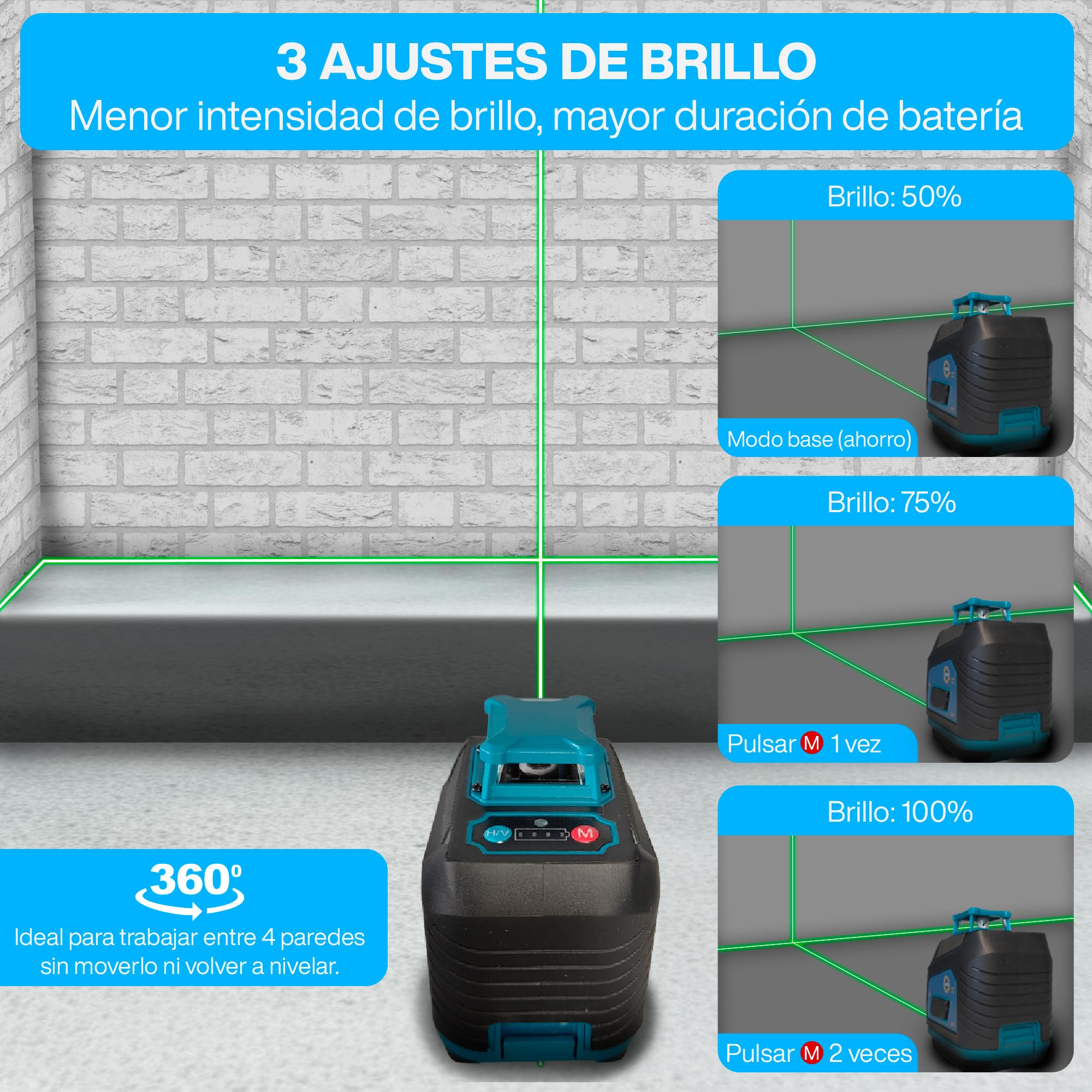 Nivel Láser Autonivelante 360 Grados, Nivelador Láser Verde 5 Líneas, 2 x Pilas, Soporte Mágnetico, Montaje en Pared, Nivel Láser Profesional