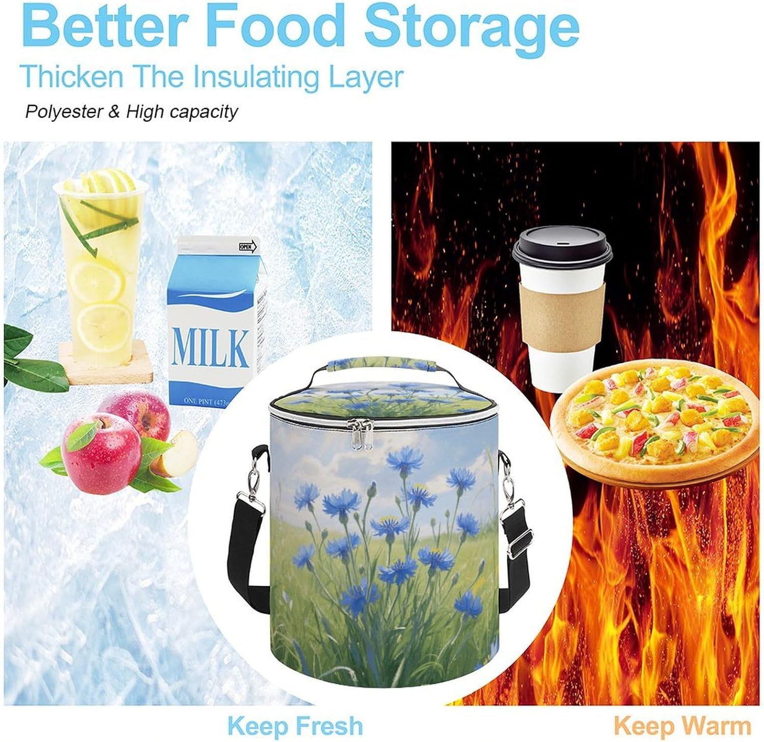 Blue Cornflowers Lunch Bag 15L, Insulated Picnic Basket with Leakproof Design - Large Cooler Tote for Camping, Beach, Hiking & Groceries