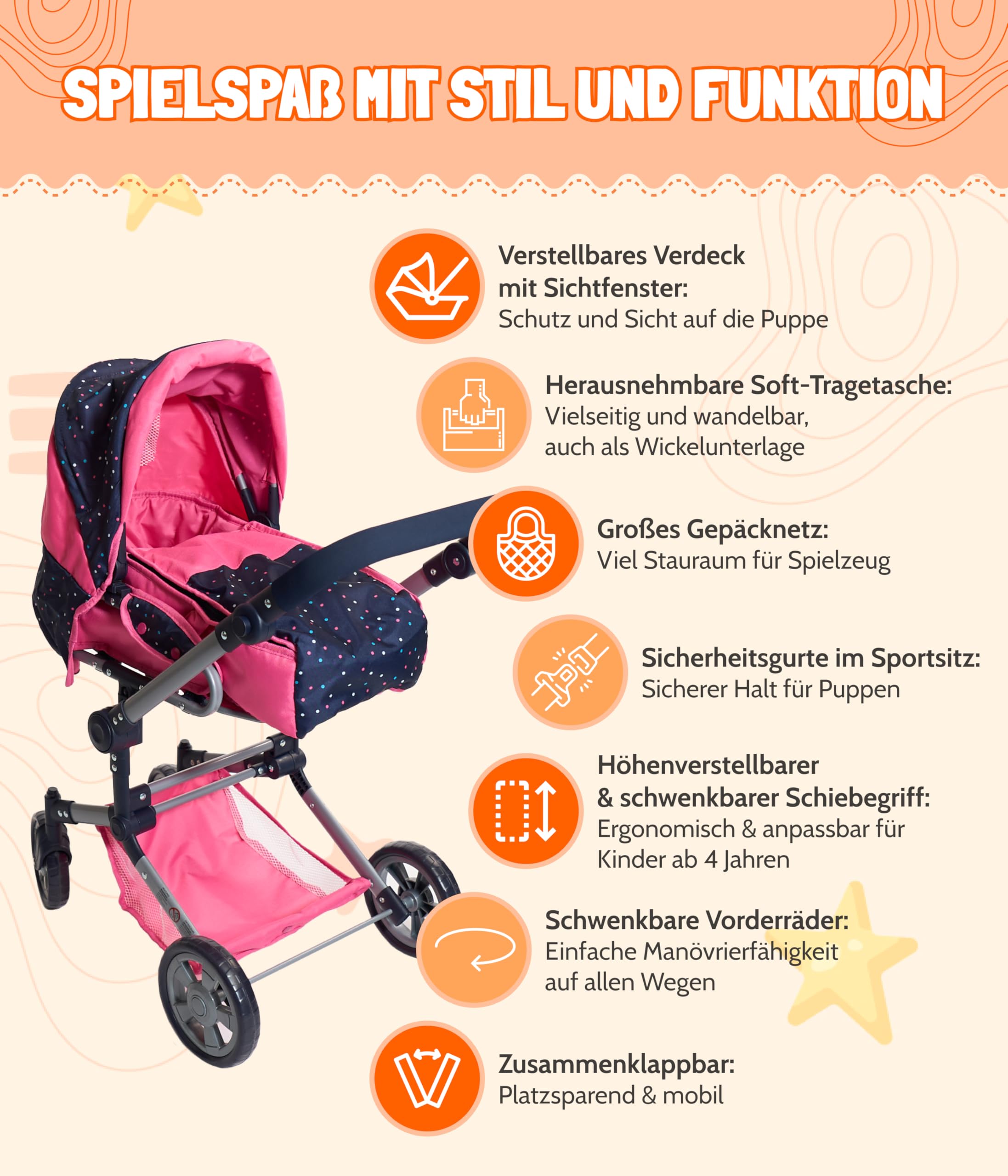 Bayer Chic 2000 - Wózek dla lalek Jara, 2 w 1, wózek dla lalek kombi, z wyjmowaną torbą do przenoszenia, wózek dla dzieci w wieku od 4 do 8 lat, konfetti różowe