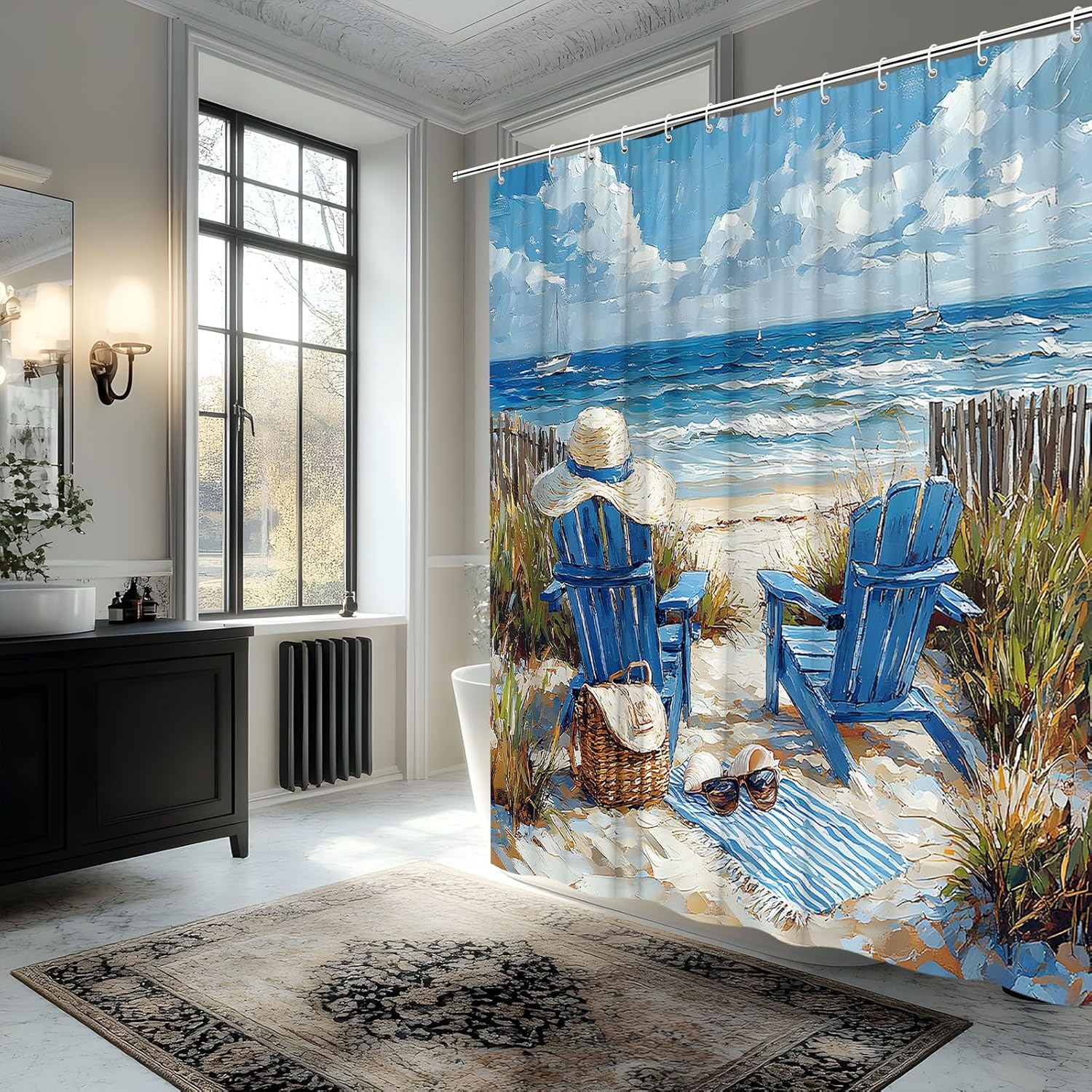 Summer Beach Coastal Shower Curtain Blue Sea Ocean Landscape Scenery Hawaii Waves Seaside Beachy Recliner Chair Decorative Curtain with Polyester Fabric