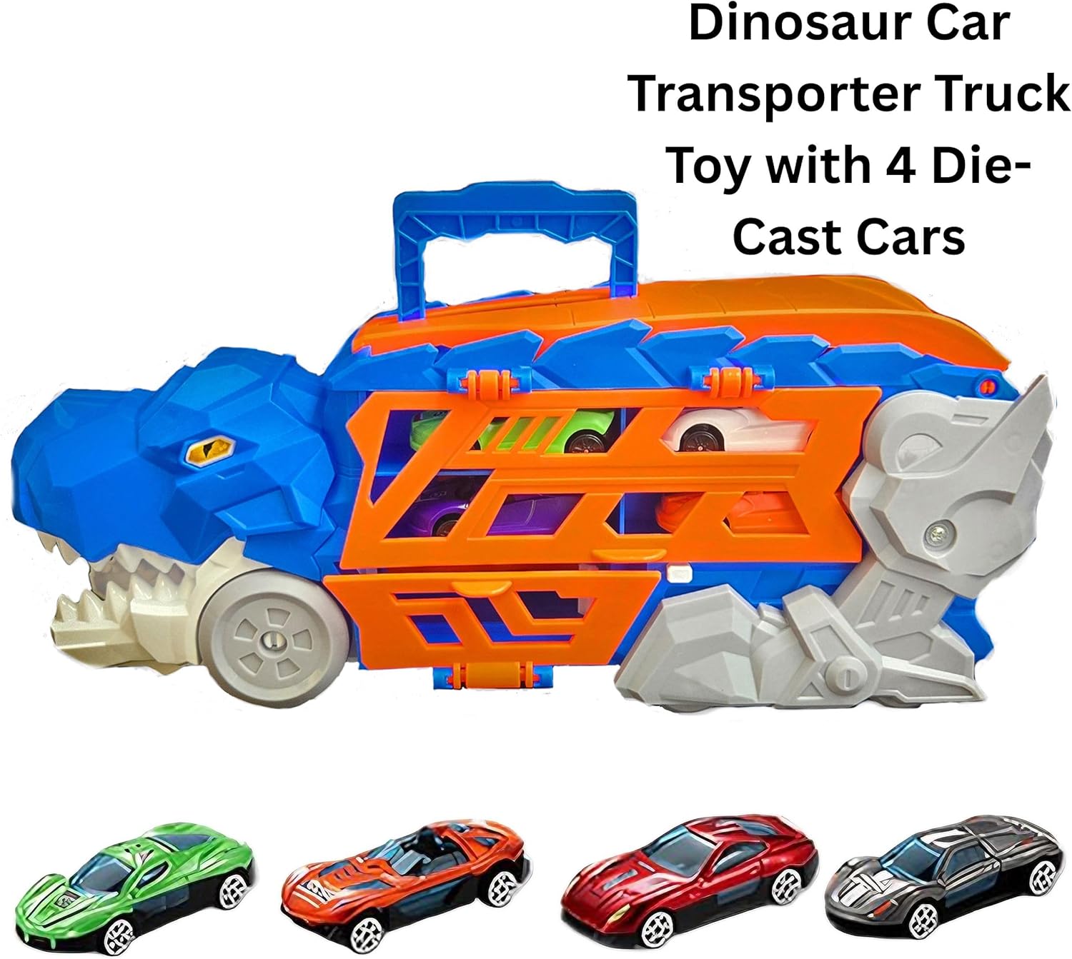Dino Transporter Truck Toy with 4 Cars – Dinosaur Head Launcher & Extendable Race Track, Storage Carry Case for Kids, Toddlers, Boys & Girls Ages 3+