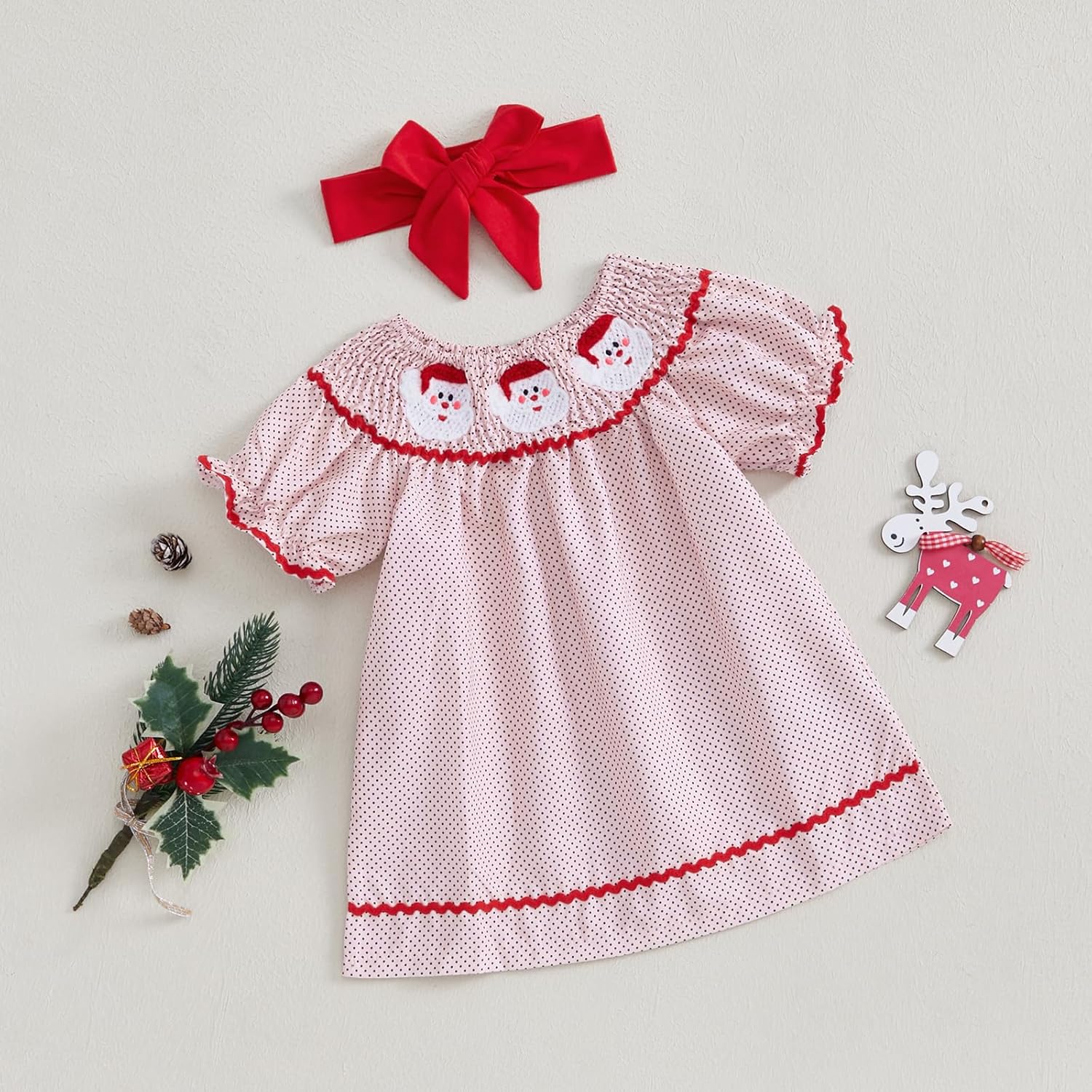 Kayotuas Toddler Girl Christmas Dress Baby Smocked Outfit Xmas Bow Embroidered Puff Sleeve Dresses Infant Christmas Clothes - Image 3