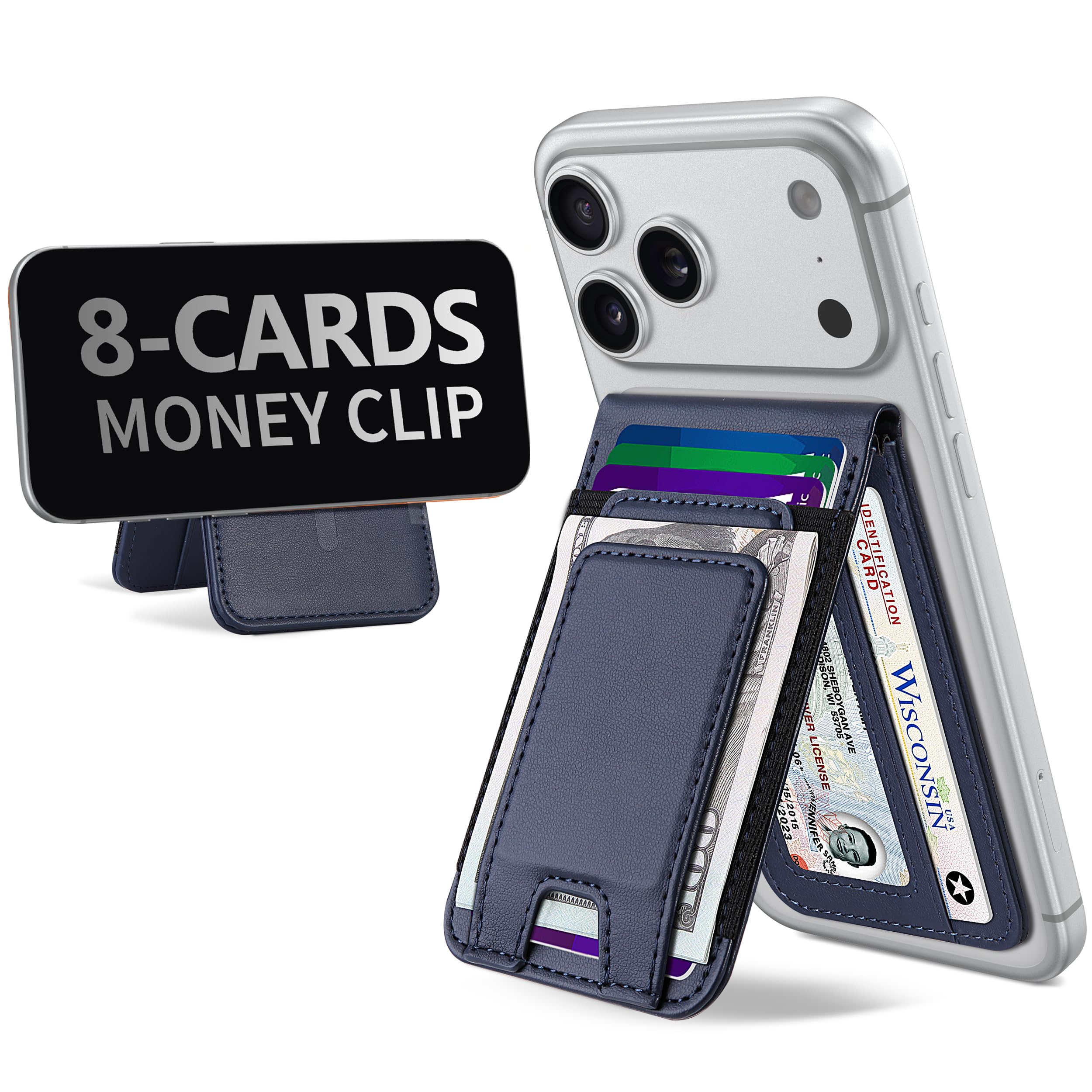 TopMade for MagSafe Wallet with Money Clip, Strongest Magnetic Card Holder for iPhone 17/16/15/14/13/12 Series, for iPhone Wallet with Adjustable Stand, ID Window, RFID Blocking, Navy Blue-image-14
