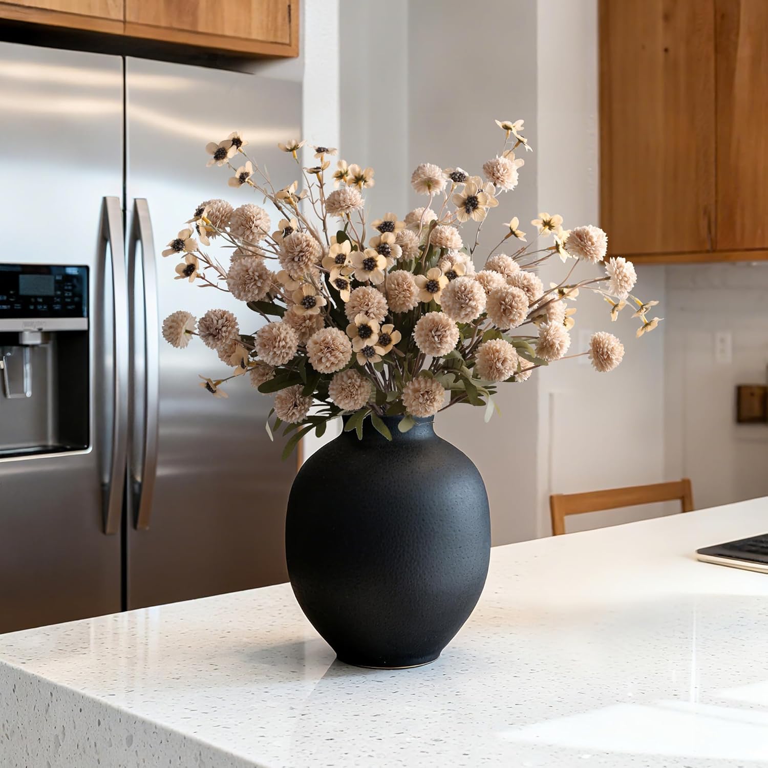 HyeFlora Fake Kiku Flowers, Faux Silk Pompon Mums Artificial Flowers, Chrysanthemum Stems Floral Arrangement Dried Flowers Vintage Decorative Indoor Home Decor Beige with Wax (Vase not Included) - Image 6