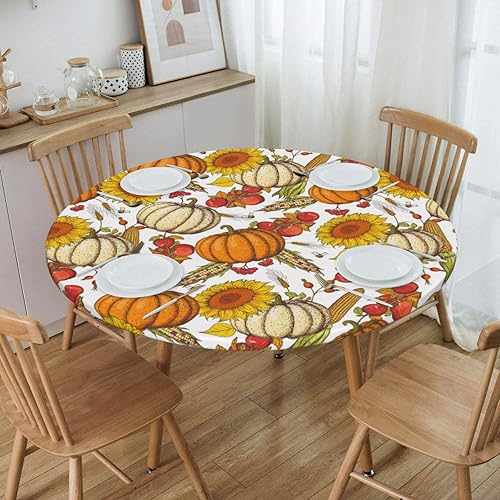 Miniatura 2 de WILL BUDXEG Fundas redondas ajustables para mesa de otoño, calabaza, maíz, girasol, hojas de tomate, cosecha de granja, borde elástico, para