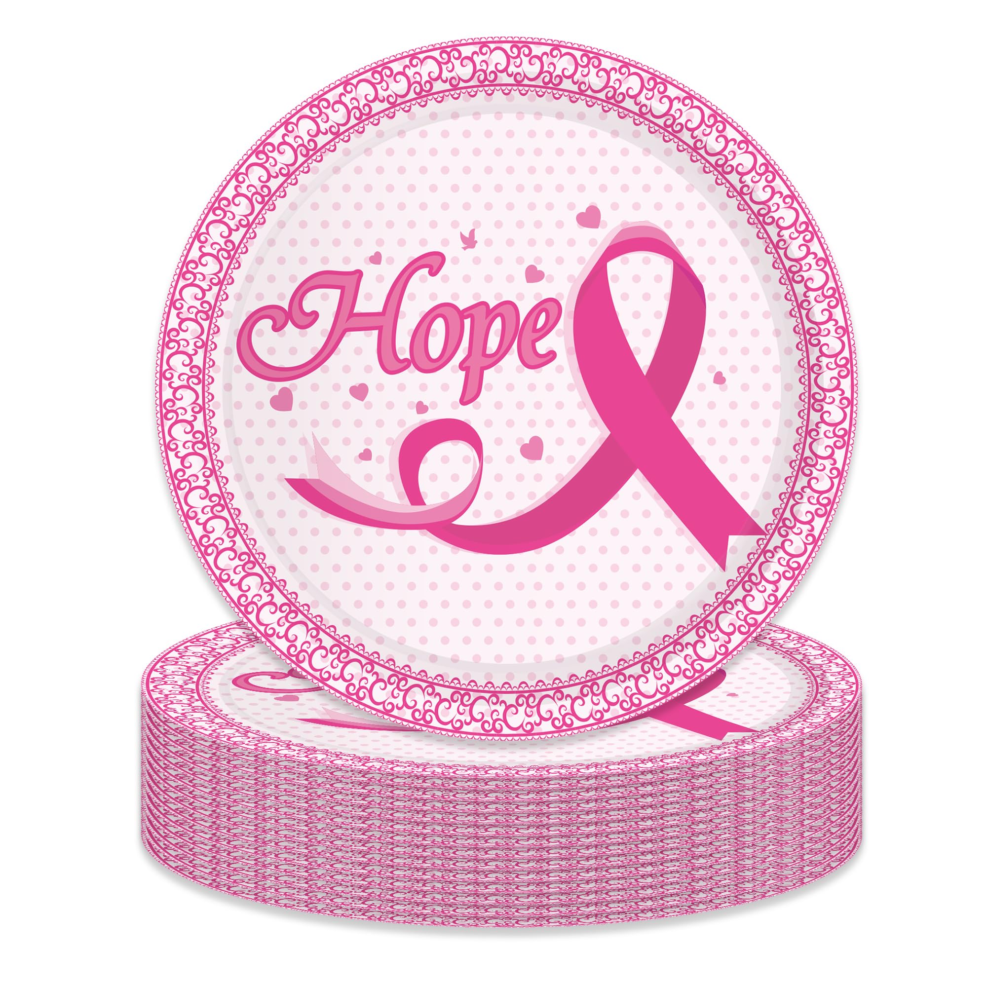 OXYLIPO 9" Pink Ribbon Breast Cancer Awareness Paper Plates Celebrate Party Tableware Round Disposable Dinner Paper Plates Set Caring for Diseases and Women Theme Party Supplies(24 pcs)