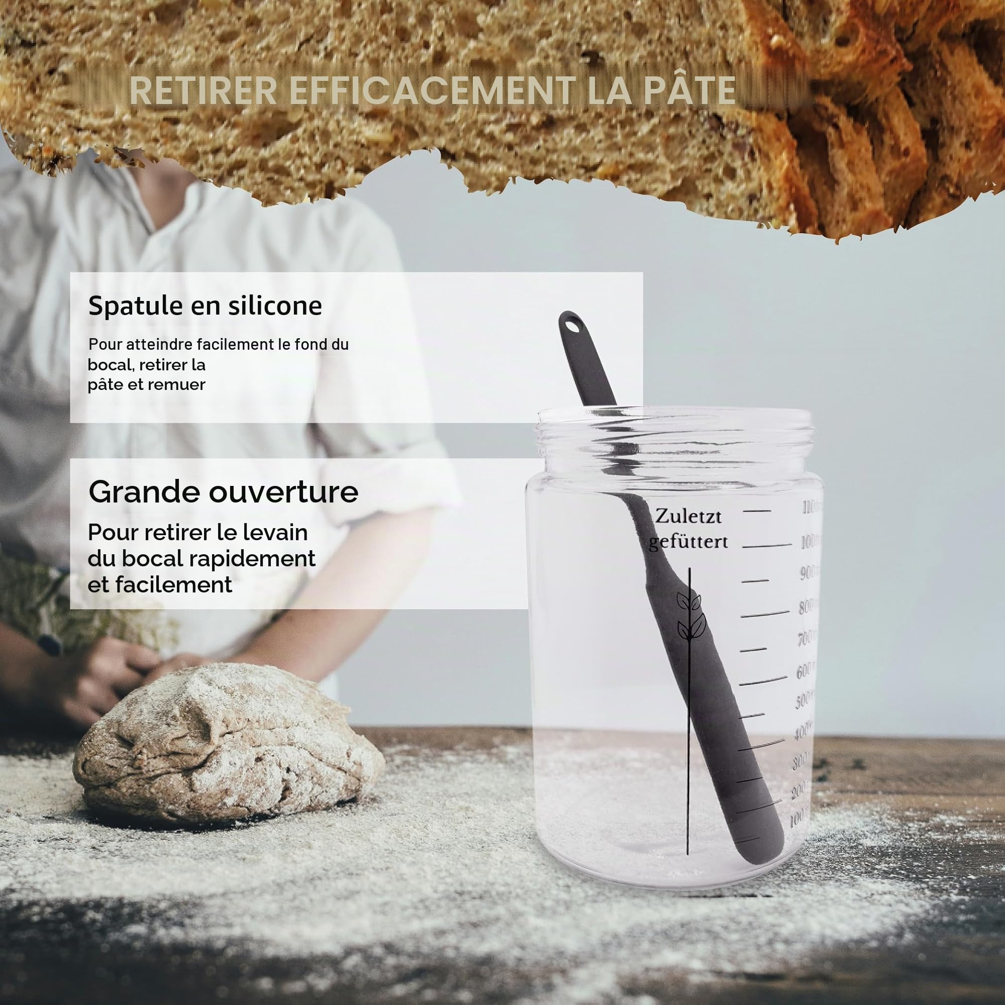 Kit de démarrage pour levain - Bocal 1100 ML avec thermomètre, Bande de nourrissage, racloir, Couverture et Couvercle en Aluminium - Accessoires pour la Boulangerie Maison