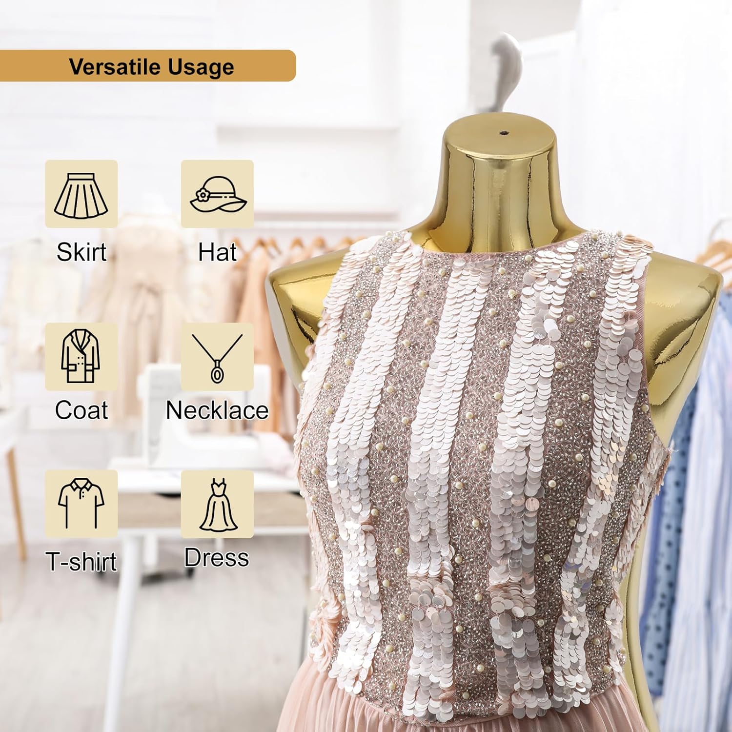 Female Mannequin Dress Form Torso - Manikin Body with Gold Metal Stand Height Adjustable, Display Mannequins Body for Sewing Clothes (40-75Inch, Golden)