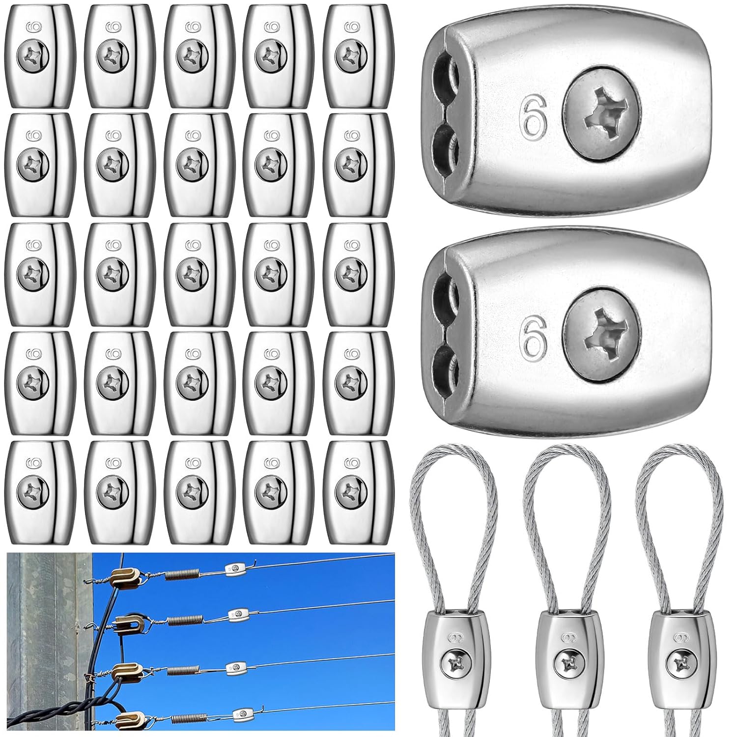 Moxweyeni 25 Pcs Electric Rope Connectors 6 mm Poly Rope Connector Electric Fence Connectors Heavy Duty Wires Splicer Galvanized Steel for Agricultural Fencing Connection