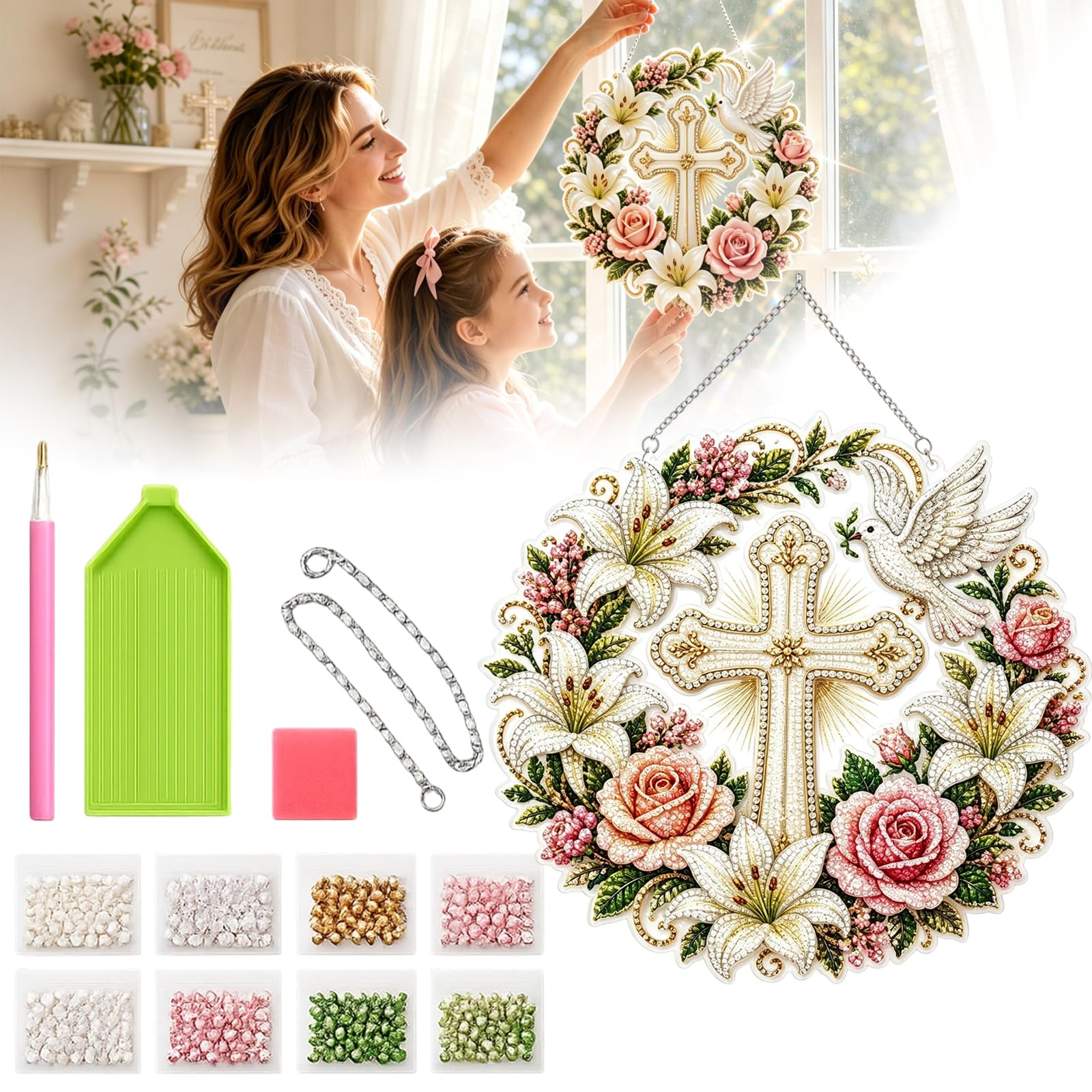 Cross, Flowers & Peace Dove Diamond Art Hanging Ornament Kit, DIY 5D Diamond Painting Suncatcher, Christian Religious Window Decor, Crystal Rhinestone Craft for Adults (1PCS,Medium)