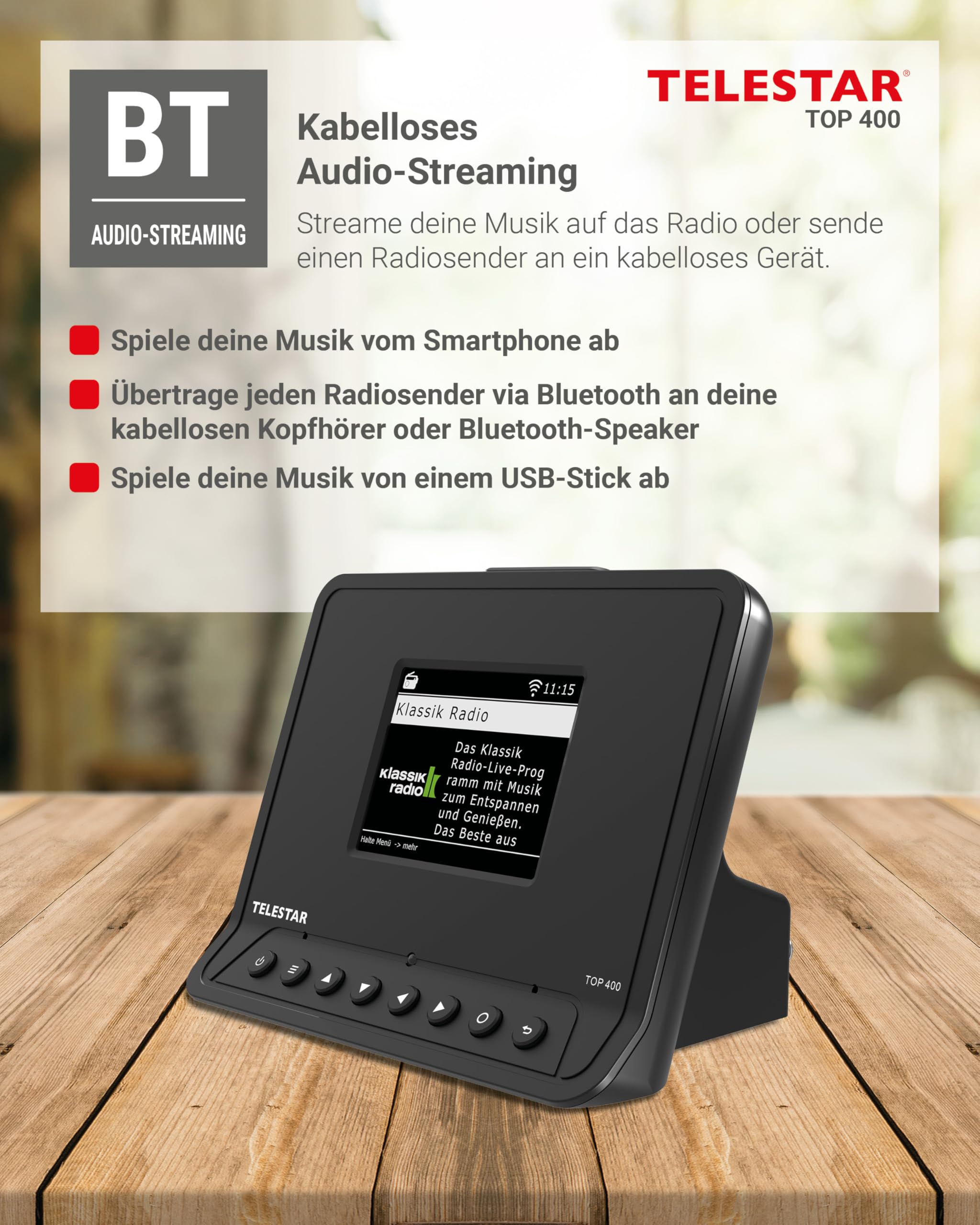 TELESTAR TOP 400 – HiFi-Adapter zur Aufrüstung von HiFi-Anlagen – Schwarz | Internetradio, DAB+, Streamingdienste, Bluetooth Audio-Streaming & Sendefunktion, USB-Aufnahme, Hotelmodus, Nachtmodus