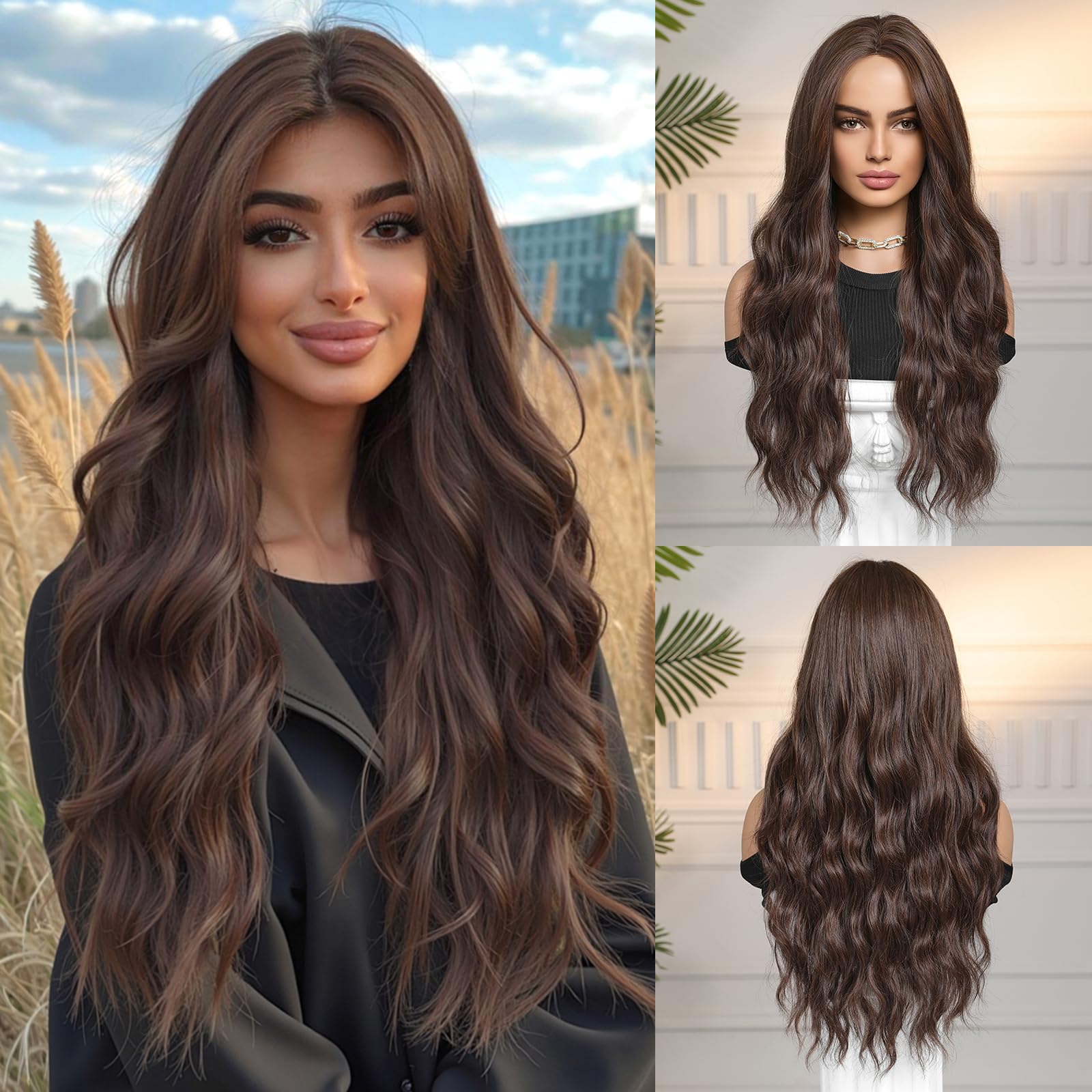OMELPIS 7.5 * 9cm Lace Front Bright Brown Long Wavy Wigs for Women Natural Water Wave Middle Part Heat Resistant Synthetic Fiber Wig Curly Hair for Daily Dating Family Gathering Party 71cm