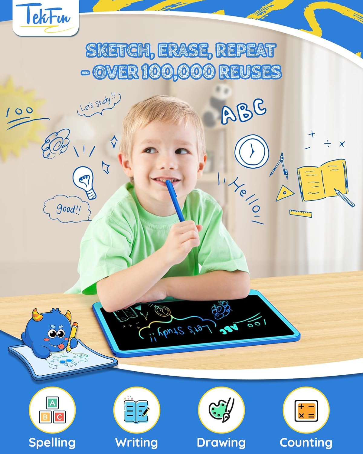 TEKFUN Kids Toys Gifts for 3+ Years Old Boys Girls Toddler, 12inch LCD Writing Tablet Erasable Drawing Tablet Writing Pads, Kids Travel Toys Boys Girls Birthday Gifts Age 3 4 5 6 7 (Blue)