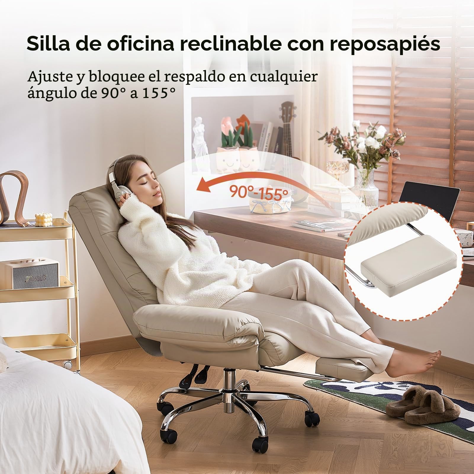 EMIAH Silla de Oficina Ergonómica con Reposabrazos Abatibles,Cuero PU,Beige | Silla de Escritorio Ejecutiva Reclinable con Reposapiés, Sillón de Ordenador, Cómoda Silla de Ordenador Tocador con Ruedas