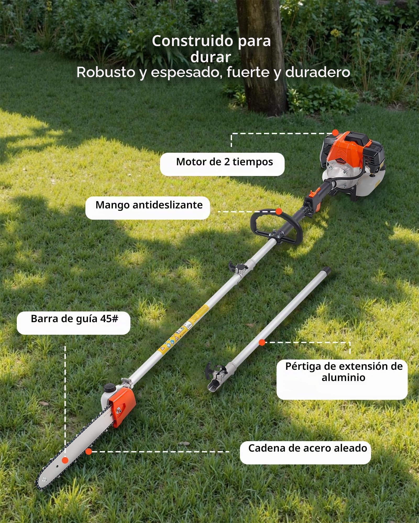 VEVOR Motosierra de Pértiga a Gasolina, Motosierra Inalámbrica de 52 cc y 2 Tiempos con Barra de Corte de 35,6 cm, Tanque de Combustible de 850 ml y Extensible de 2,2-2,94 m para Podar Árboles