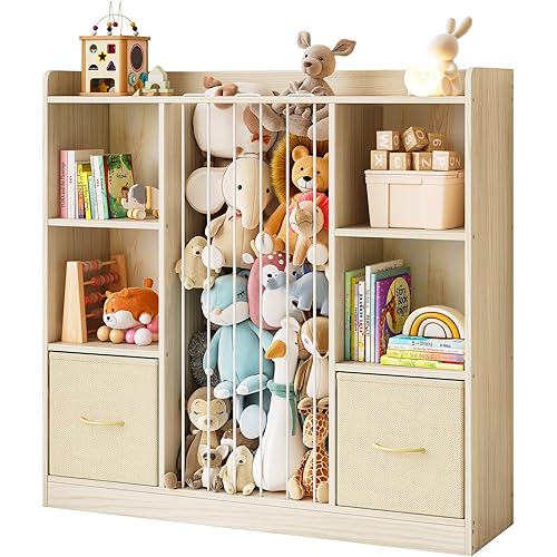 EXPERLAM Toy Storage Organizer with Stuffed Animal Storage, Wooden Toy Organizer & Stuffed Animal Zoo, 6 Cubes Shelf with Removable Drawers, 4 -in-1 Book Shelf for Kids Room, Playroom, Nursery