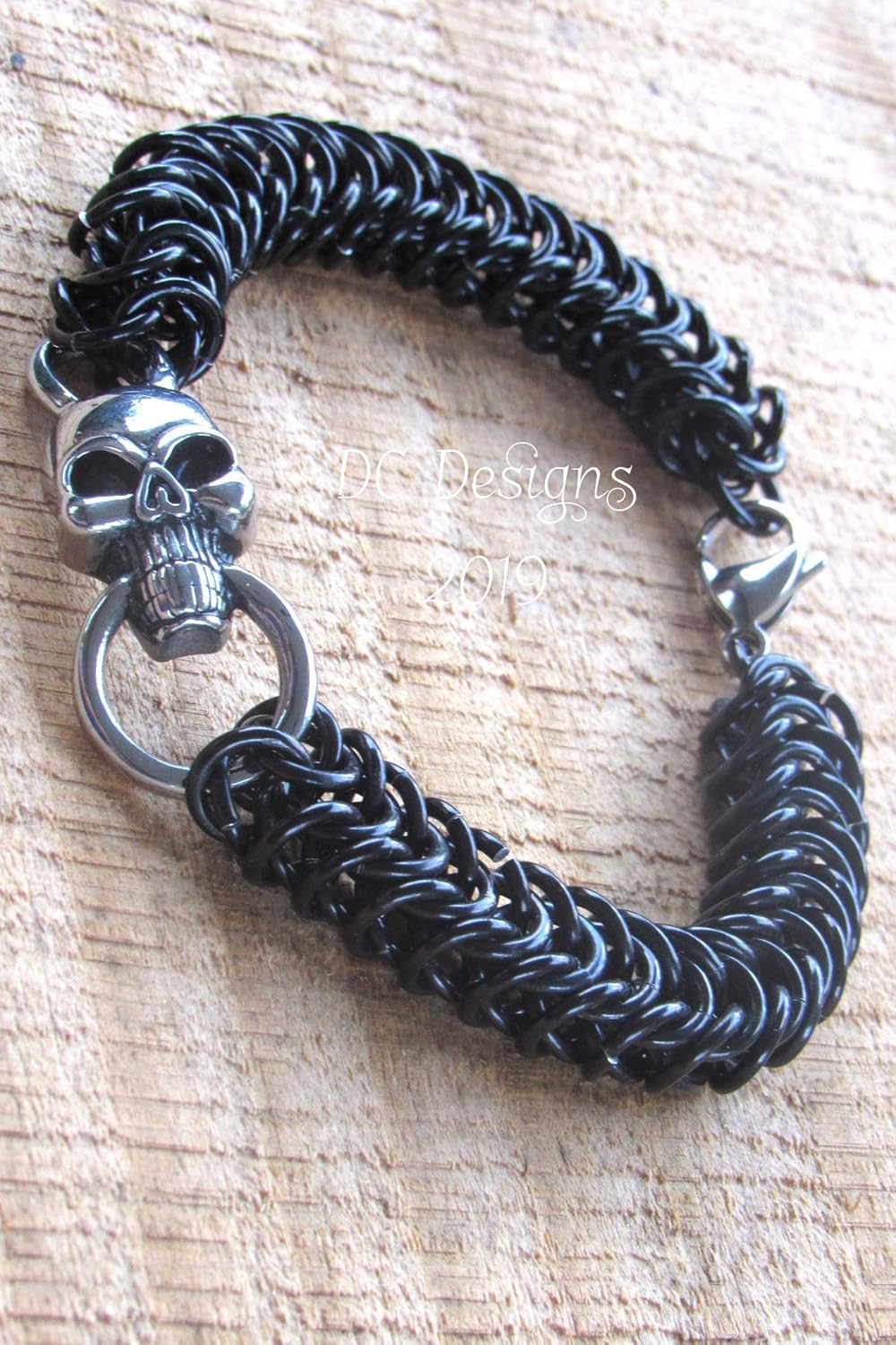Skull Bracelet for Men, Chainmail Bracelet, Handmade Bracelet, Stainless Steel, Black