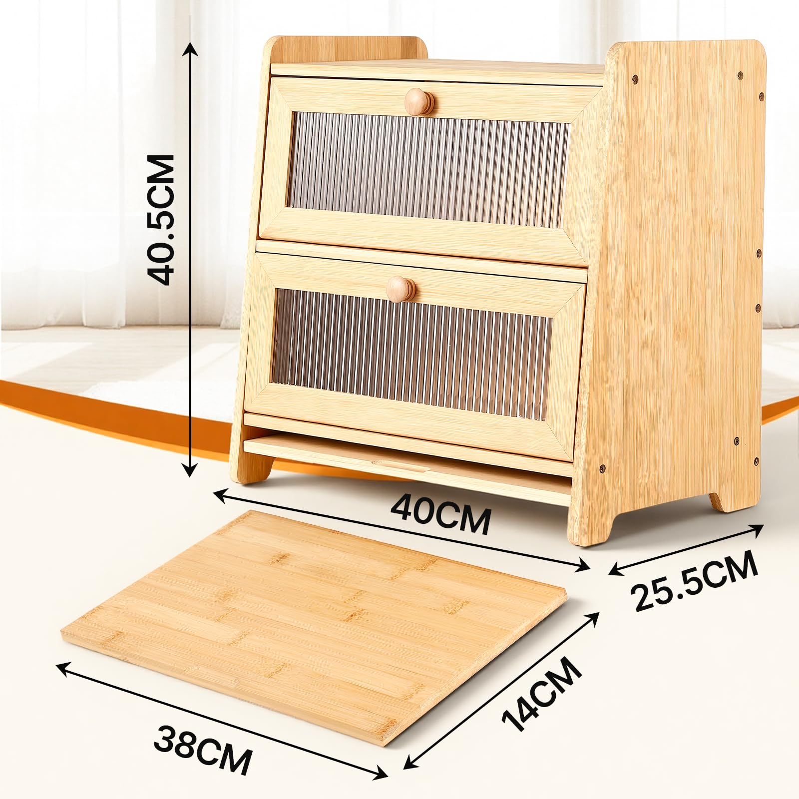 HAUSPROFI Boîte à pain en bambou à 2 étages - Avec planche à découper - Fenêtre visible ondulée - Élégante boîte à pain pour le stockage du pain - 40 x 25 x 40 cm