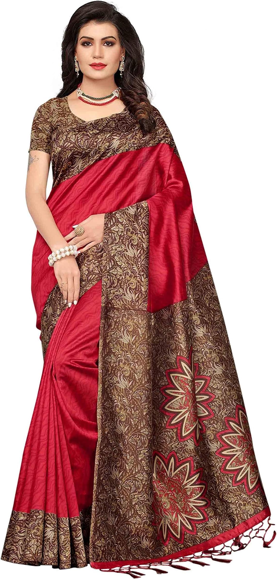Applecreation Women's Floral Art Silk Saree With Unstitched Blouse Piece