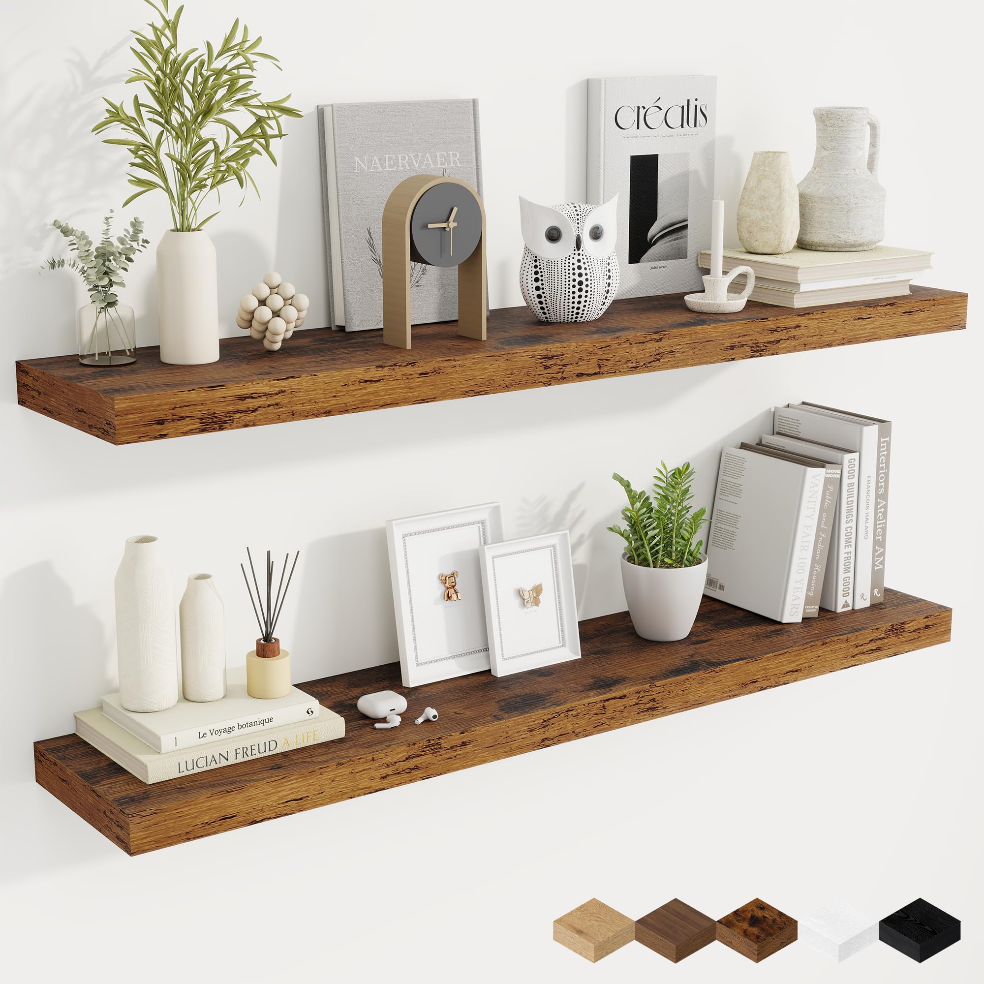 Fun Memories Floating Shelves for Wall, 48 Inch Rustic Wood Wall Mounted Shelves for Bathroom, Bedroom, Kitchen, Living Room, Floating Shelves for Storage & Home Decor (Brown,Set of 2)