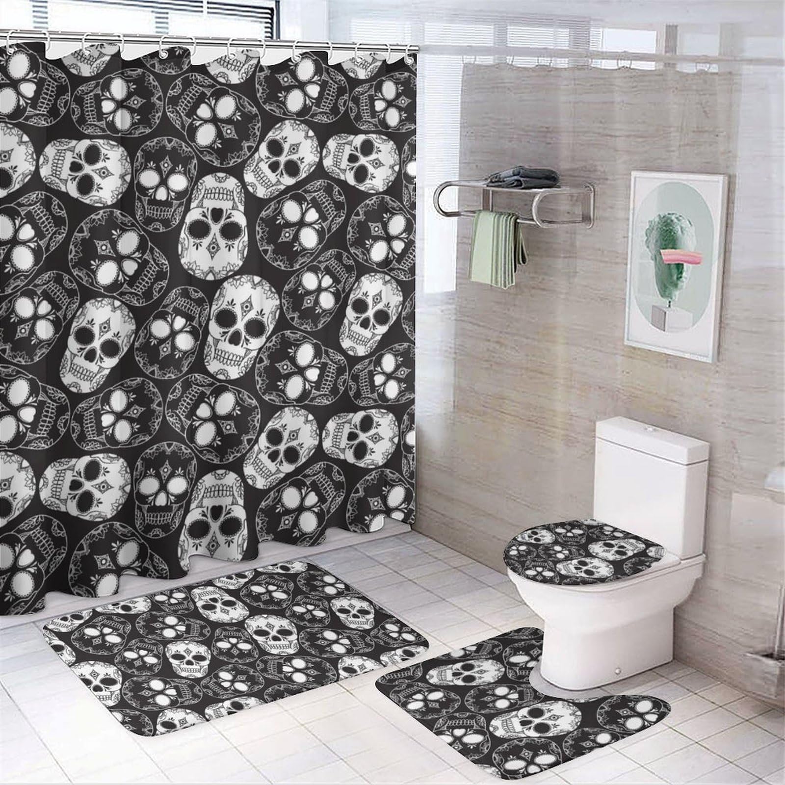 Wlntrophic Bathroom Mat Set 4 Piece, Sugar Skull Shower Curtain with Non-Slip Bath Mats for Bathroom