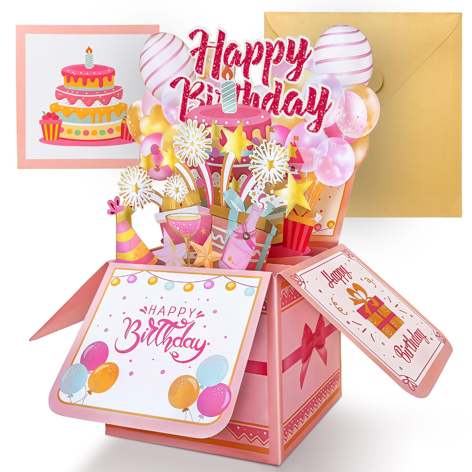 Hierein Pink Birthday Cards for Women, 3D Sweet Pop Up Happy Birthday Cards Box for Female, Pop-up Gift Box Card, Personalised Greeting Cards for Daughter Granddaughter Wife Sister Mum Female Friend