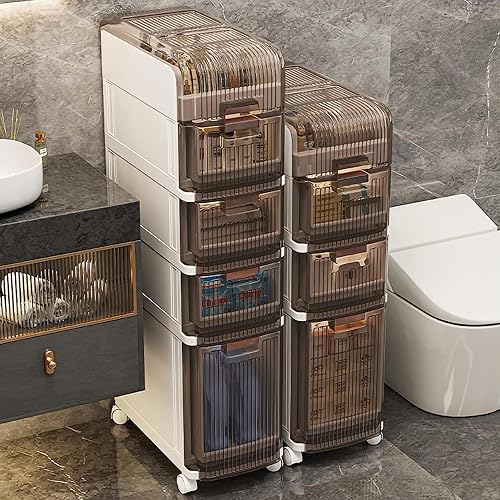 Miniatura 2 de Carrito de almacenamiento estrecho de 345 niveles para baño, unidad de almacenamiento vertical con cajones transparentes y ruedas estrechas,