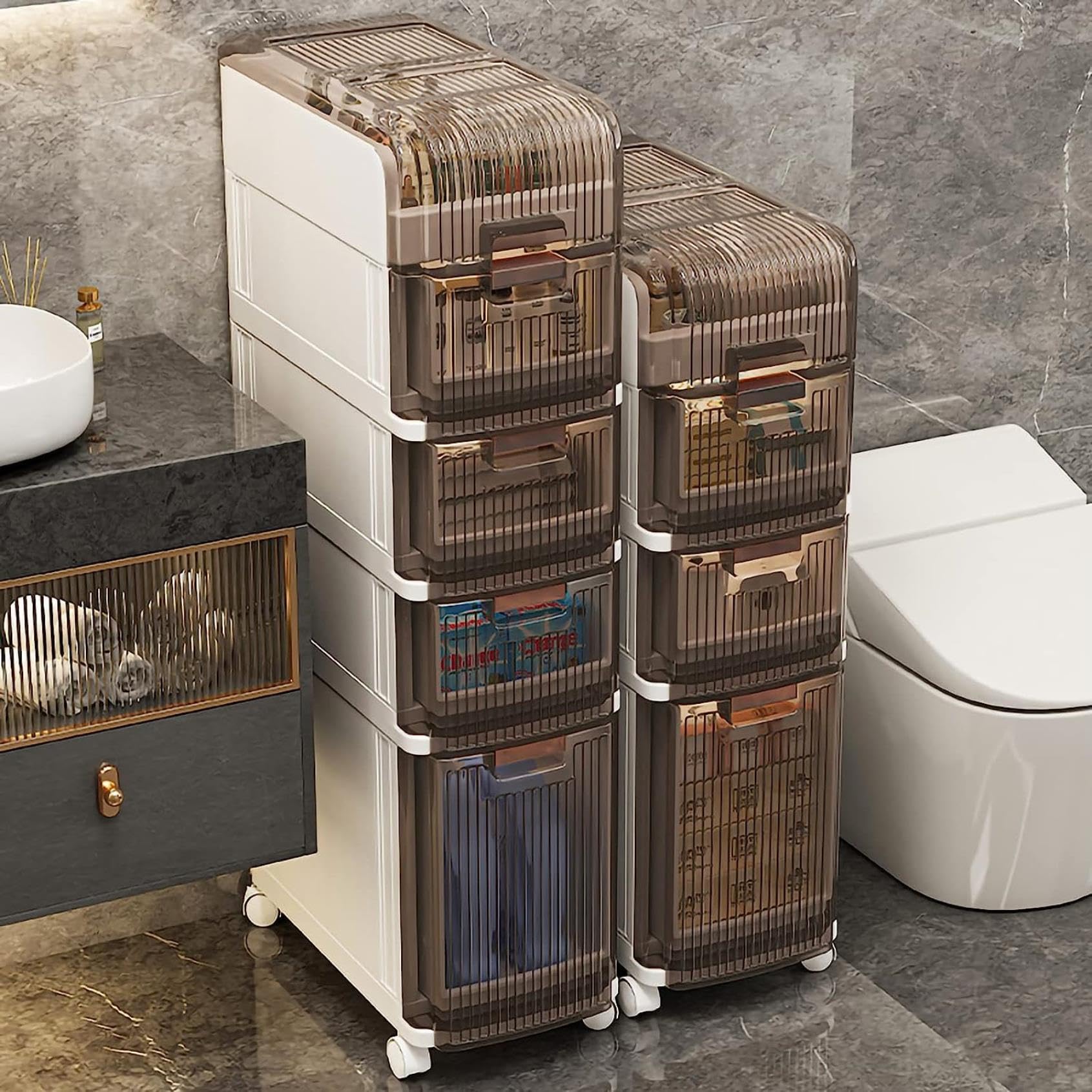 Gabinete de piso para baño con cajones de almacenamiento apilables, carrito con cajones de almacenamiento estrechos de 3/4/5 niveles para baño, unidad de almacenamiento v