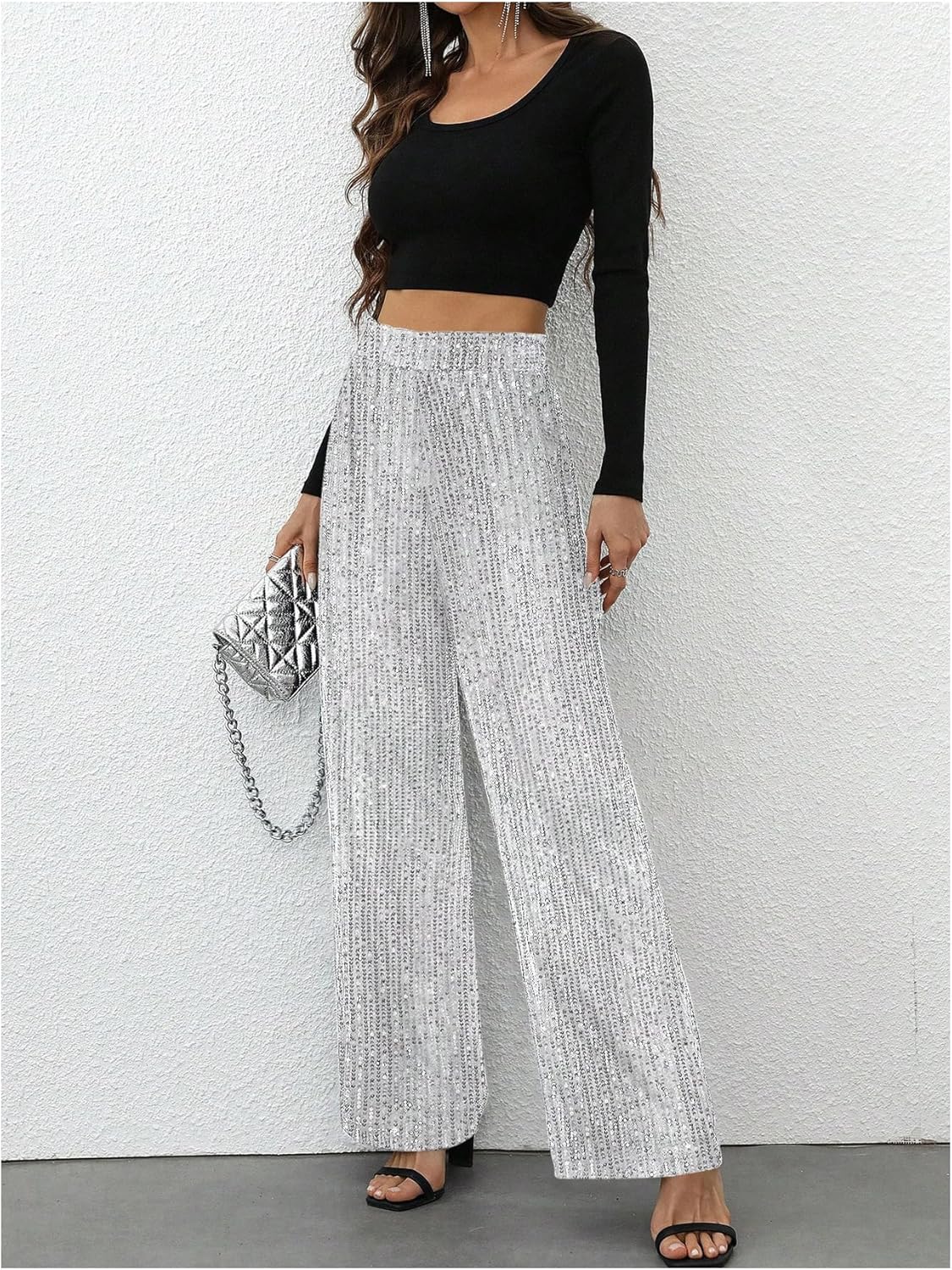 WDIRARA Women's Sequin Sparkle Pants Elastic Waist Wide Leg Party Club Trousers - Image 5