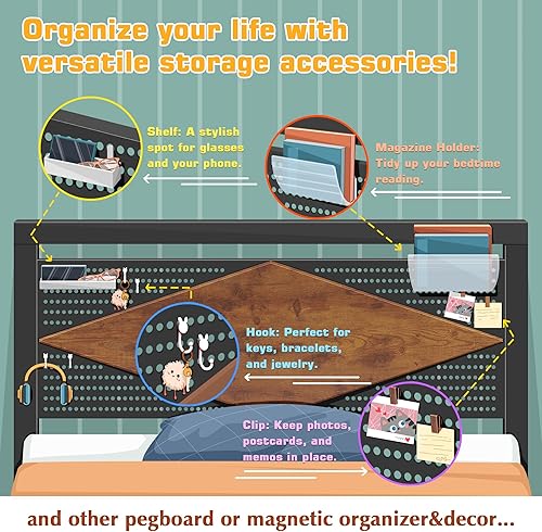 Miniatura 3 de VECELO Marco de cama industrial Pegbroad tamaño matrimonial con cabecero, diseño sin ruido y fácil montaje, base de colchón antideslizante con