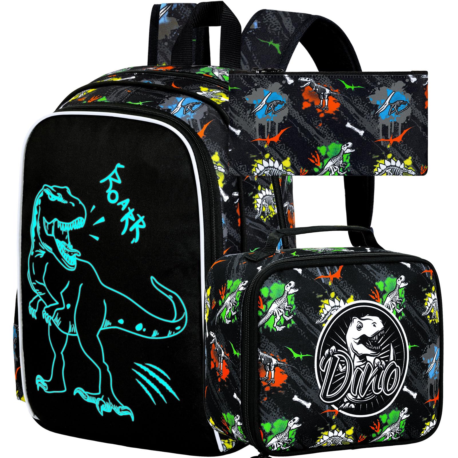 FTJCF 3Pcs Glow in The Dark Dinosaur Backpack for Boys, 17 Inches Dino School Bookbag Set for Teens, Laptop Backpacks with Lunch Bag(Black)