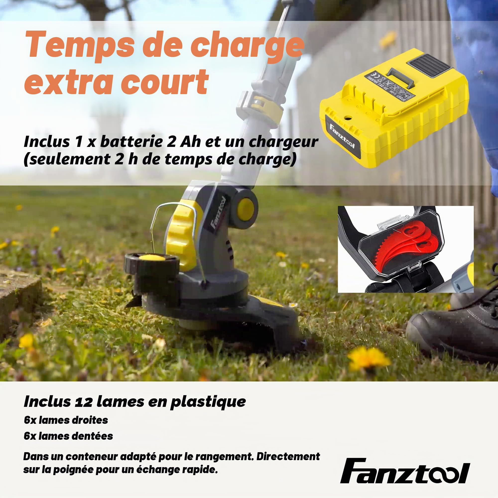 FANZTOOL Débroussailleuse Électrique sans Fil, Coupe-Bordure sans Fil avec Batterie, avec Chargeur Inclus, Lame Droite et Lame Courbée Dentée, Poignée Réglable, idéale pour Jardin, pelouse et Champs